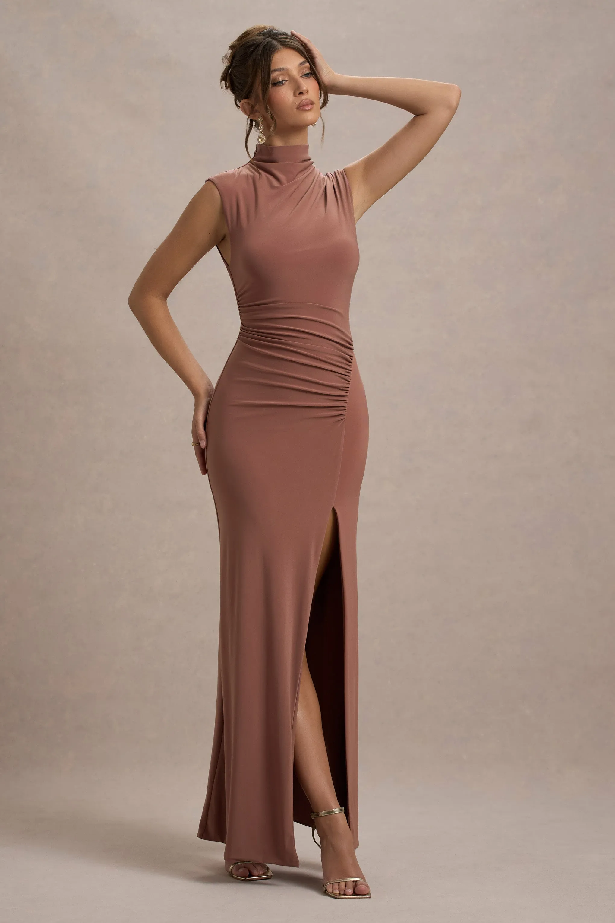 Lanetta | Chestnut Brown Ruched High-Neck Maxi Dress With Split sold by Club L London product image thumbnail 3