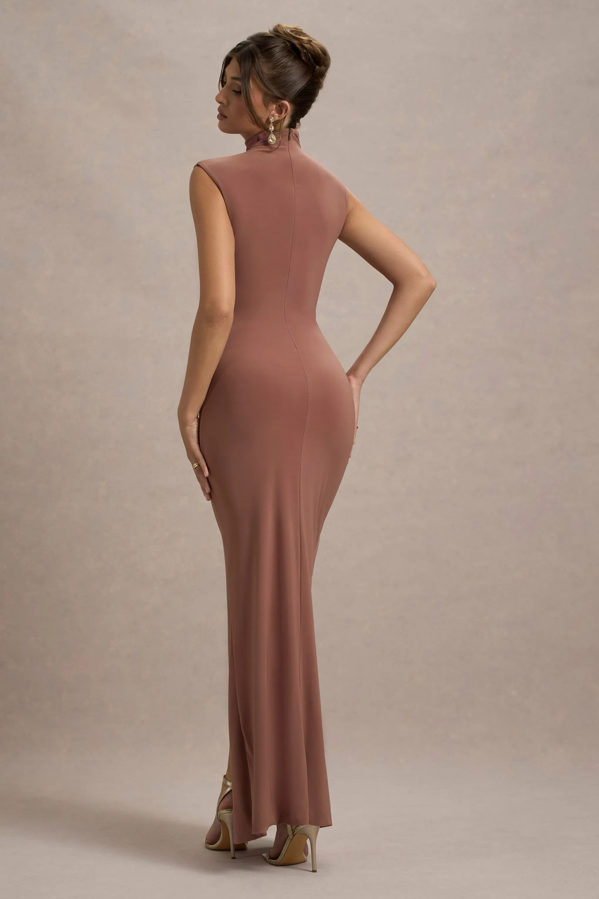 Lanetta | Chestnut Brown Ruched High-Neck Maxi Dress With Split sold by Club L London product image thumbnail 2