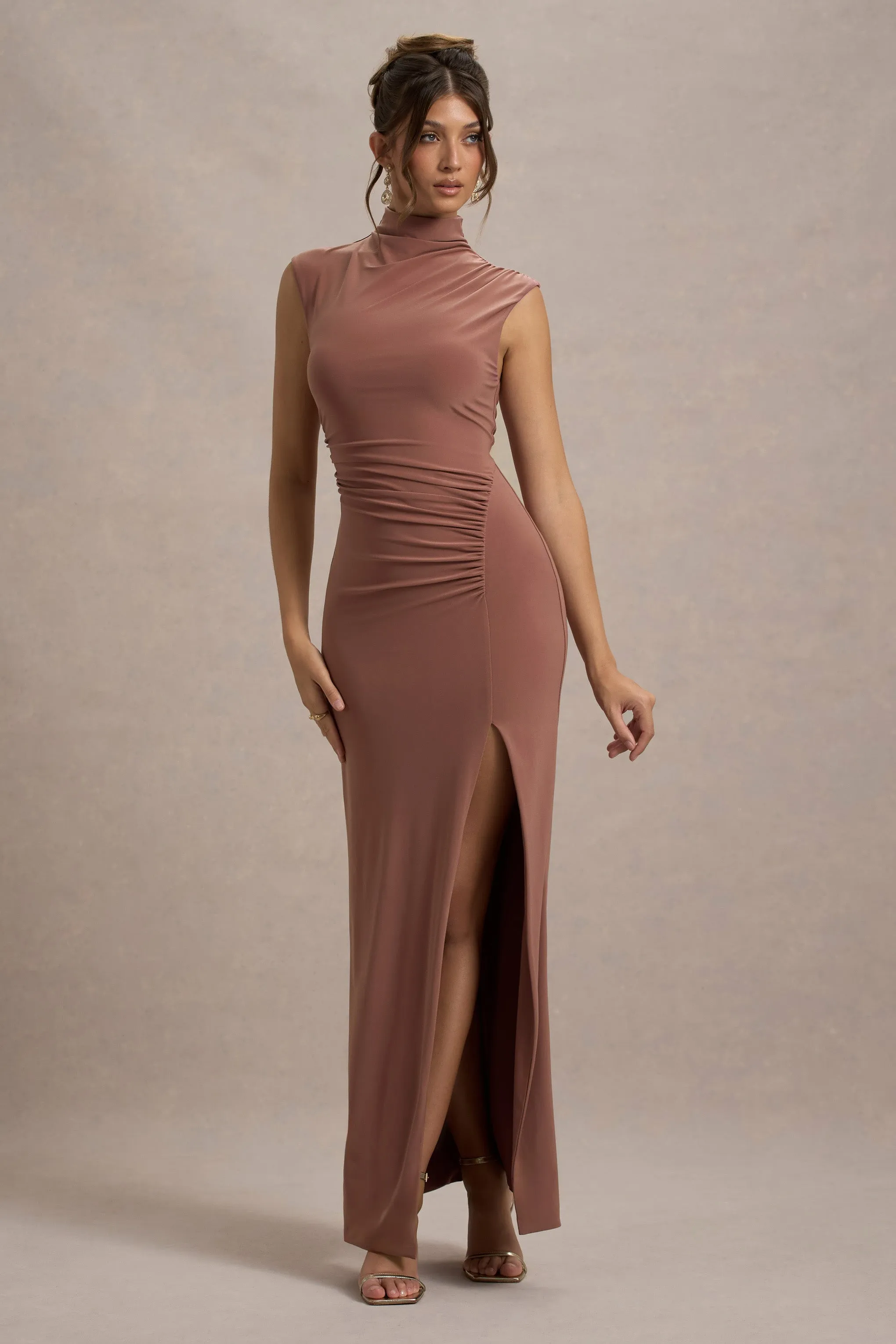 Lanetta | Chestnut Brown Ruched High-Neck Maxi Dress With Split sold by Club L London