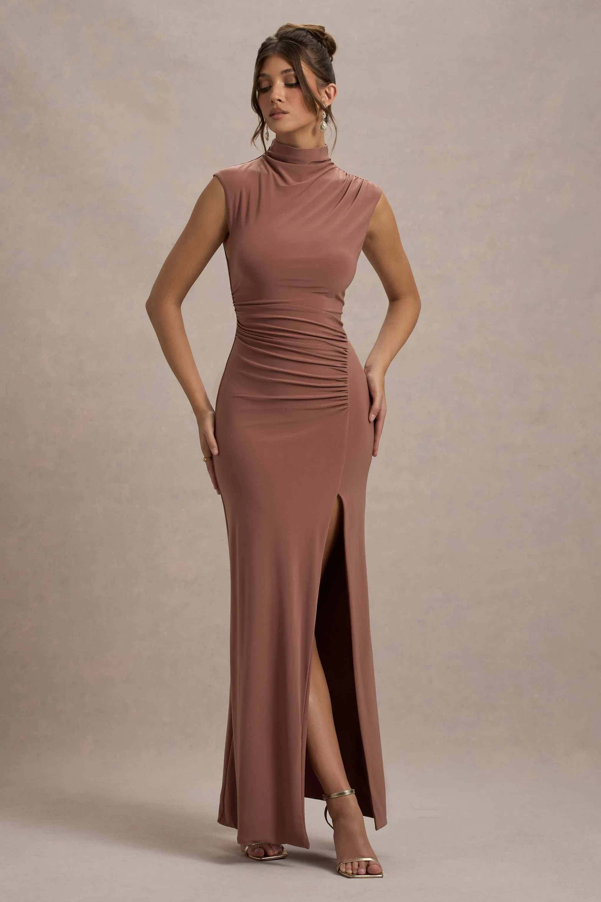 Lanetta | Chestnut Brown Ruched High-Neck Maxi Dress With Split sold by Club L London product image thumbnail 4