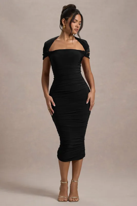 Paxos | Black Ruched Short-Sleeve Midi Dress sold by Club L London