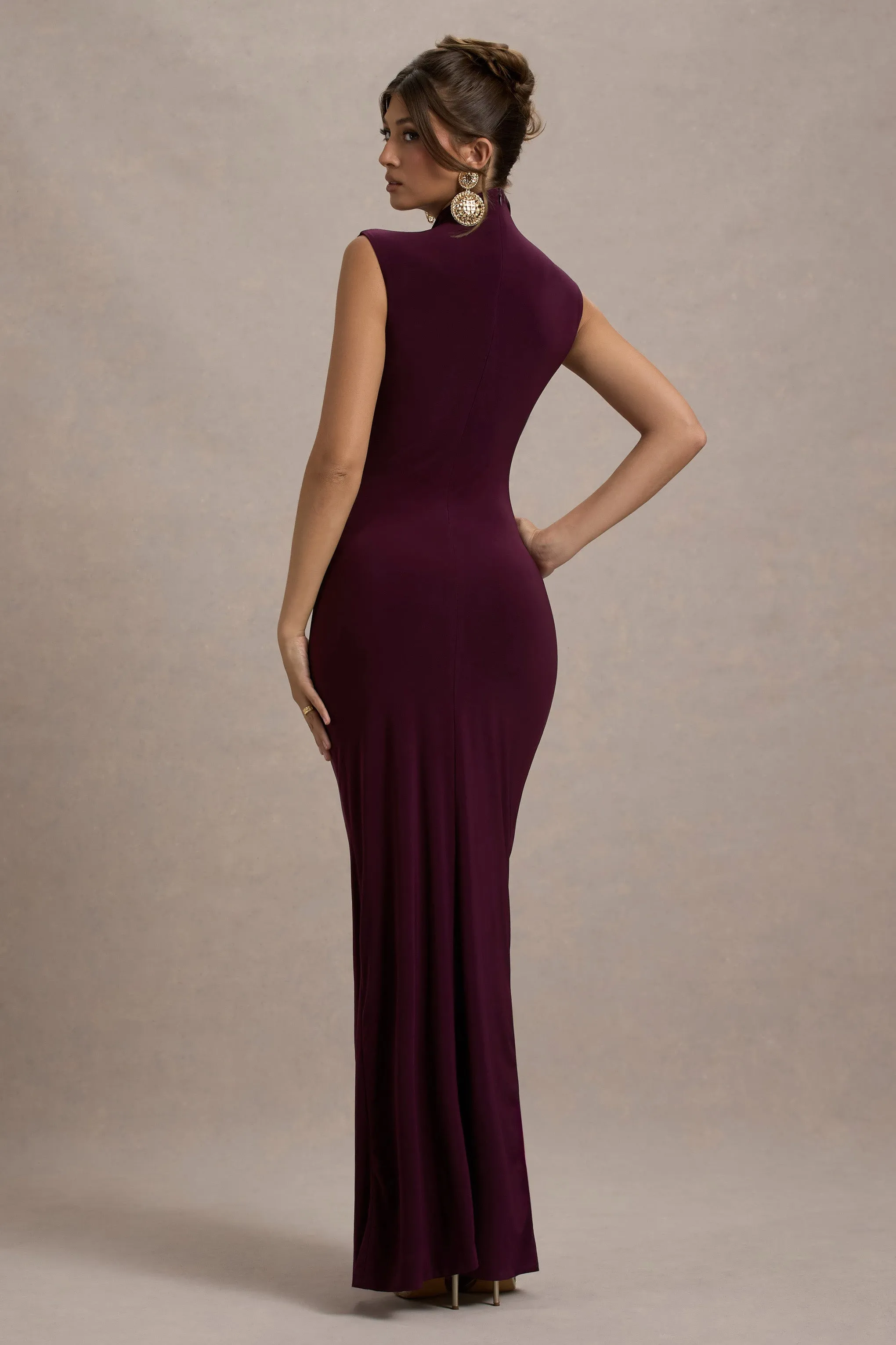 Lanetta | Plum Ruched High-Neck Maxi Dress With Split sold by Club L London product image thumbnail 2