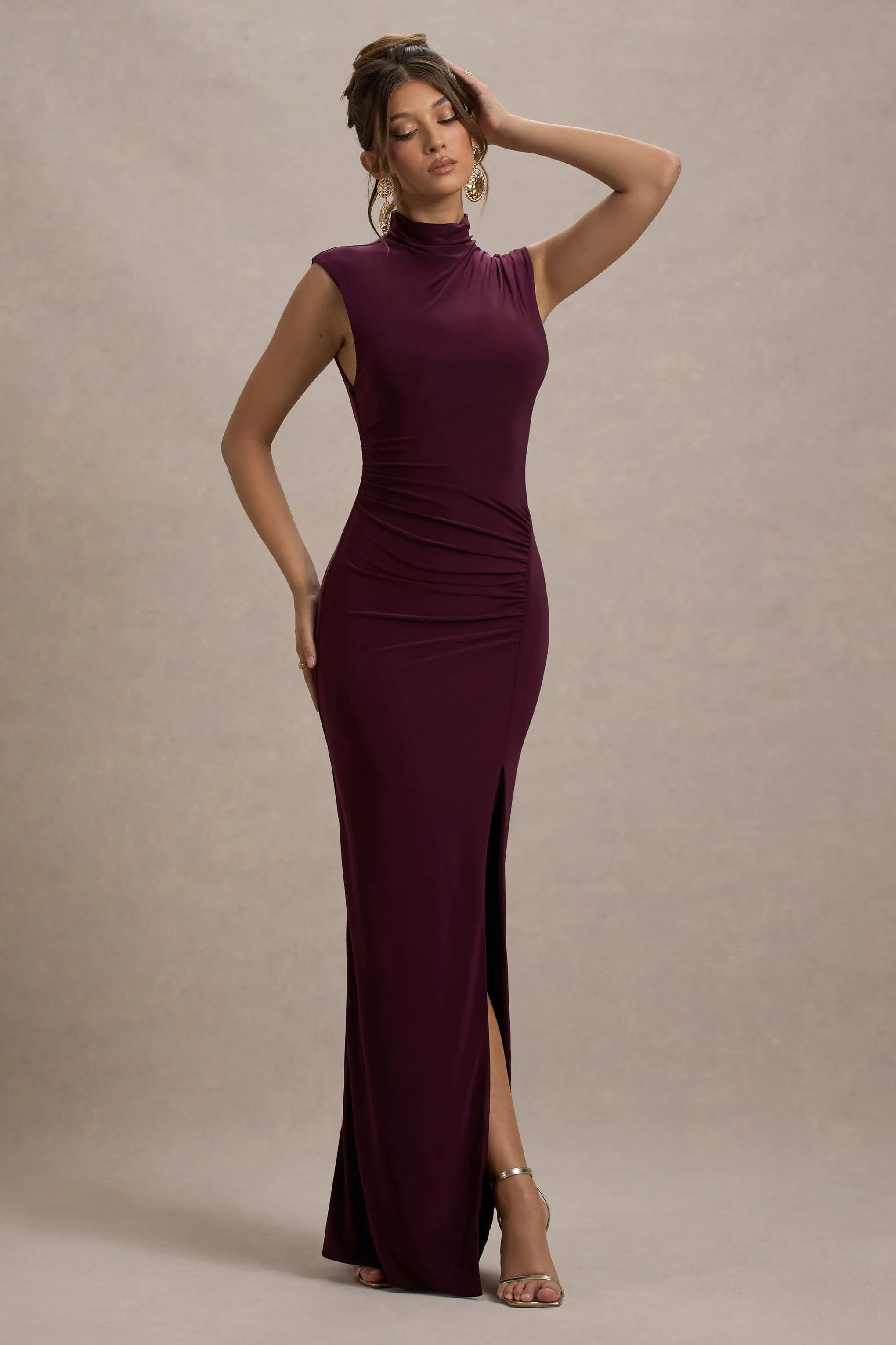 Lanetta | Plum Ruched High-Neck Maxi Dress With Split sold by Club L London product image thumbnail 4