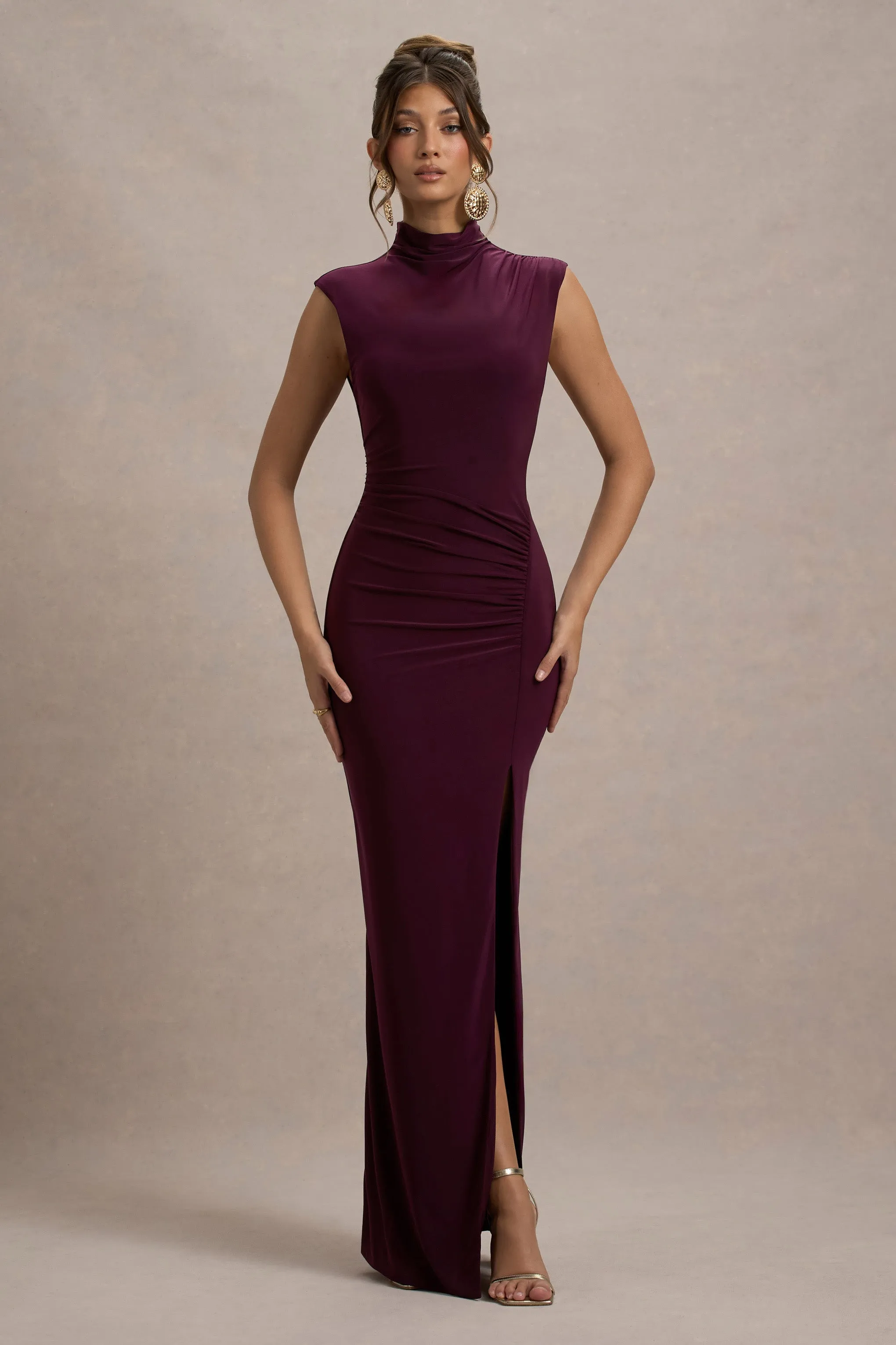 Lanetta | Plum Ruched High-Neck Maxi Dress With Split sold by Club L London product image thumbnail 5
