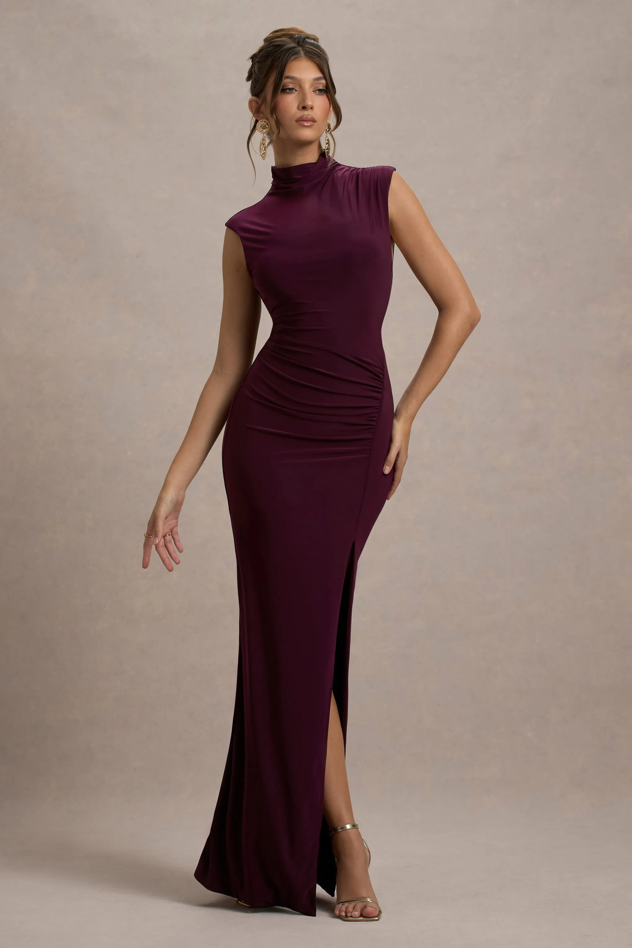Lanetta | Plum Ruched High-Neck Maxi Dress With Split sold by Club L London