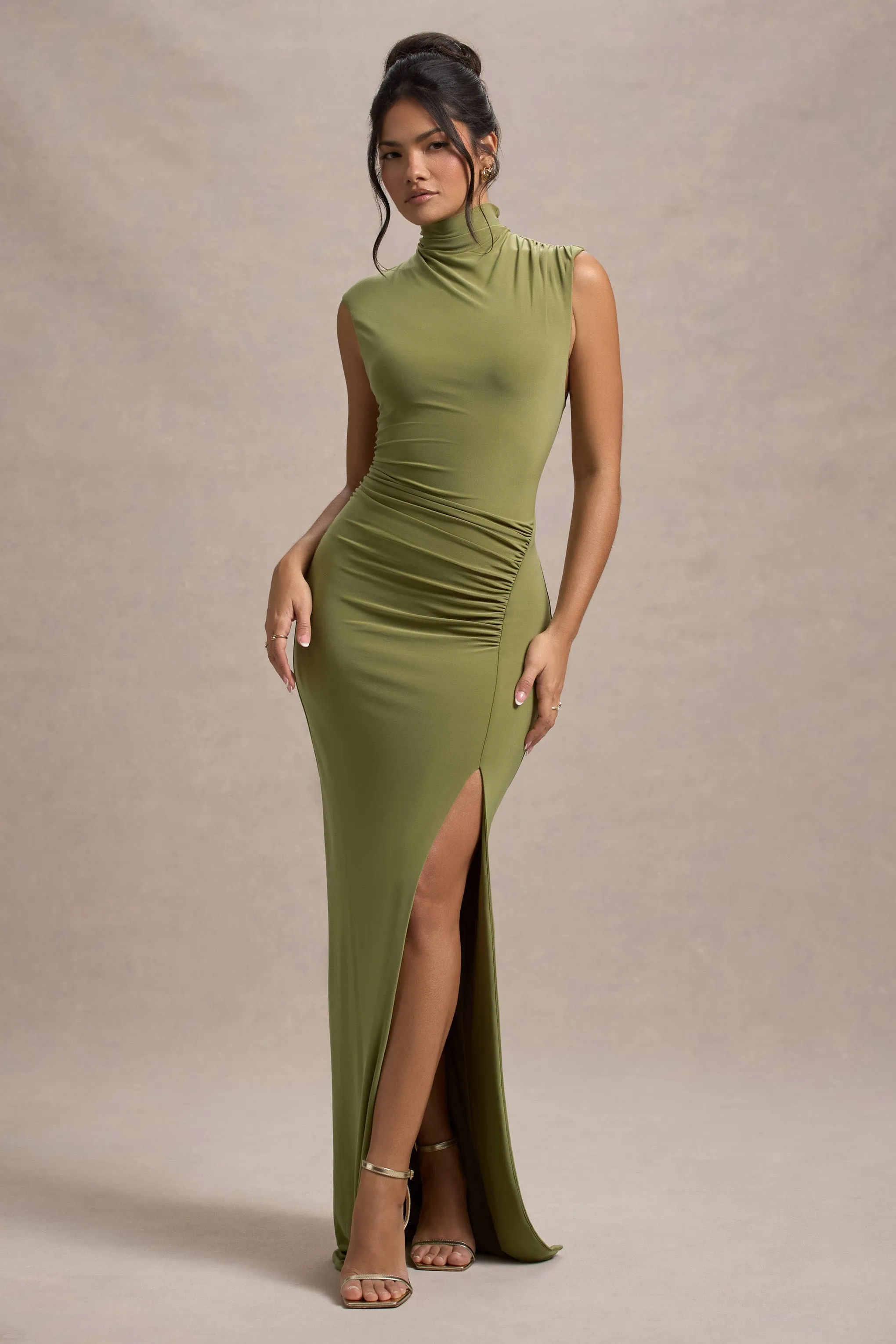 Lanetta | Olive Ruched High-Neck Maxi Dress With Split sold by Club L London product image thumbnail 4