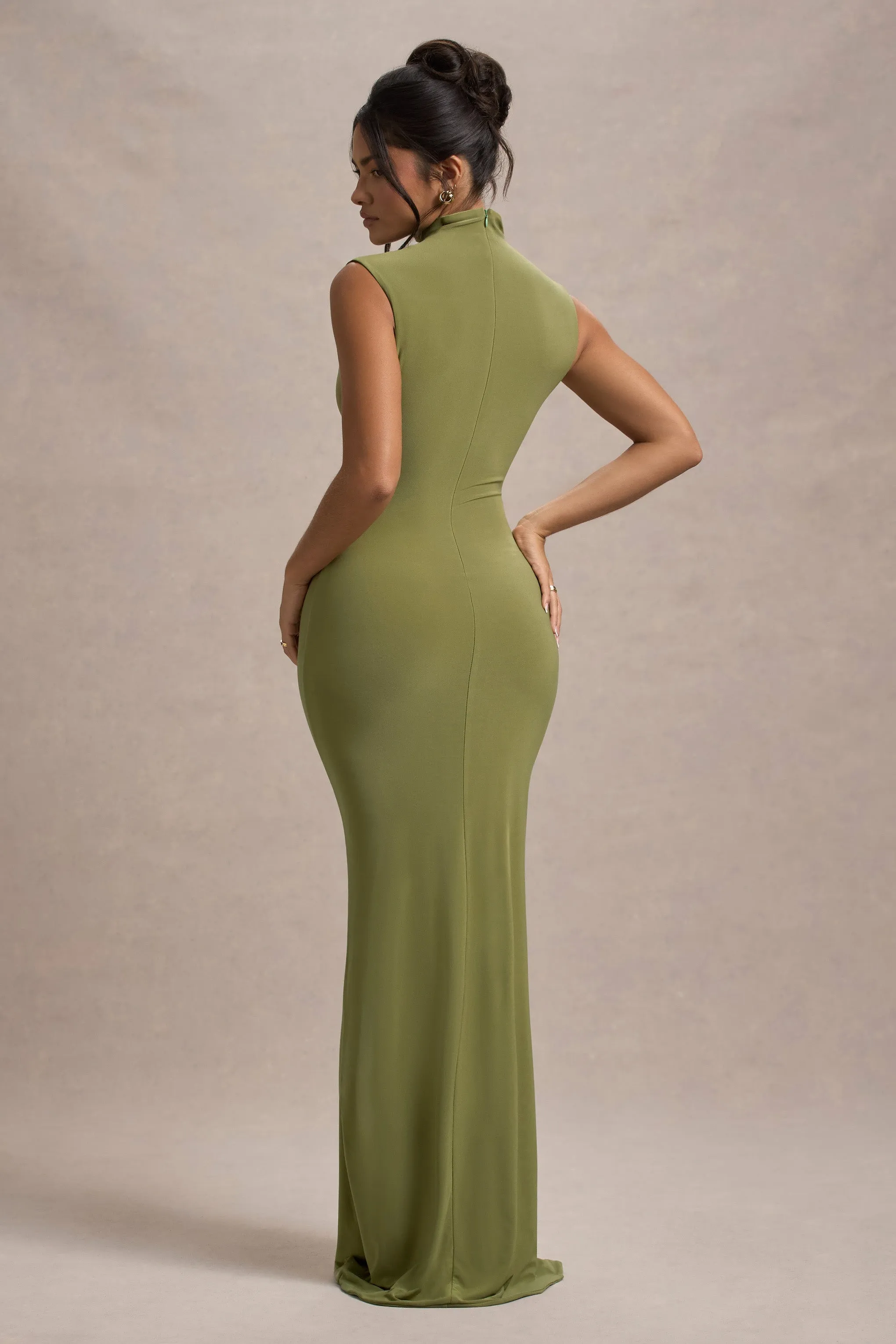 Lanetta | Olive Ruched High-Neck Maxi Dress With Split sold by Club L London product image thumbnail 2