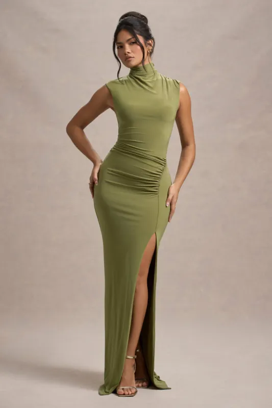 Lanetta | Olive Ruched High-Neck Maxi Dress With Split sold by Club L London