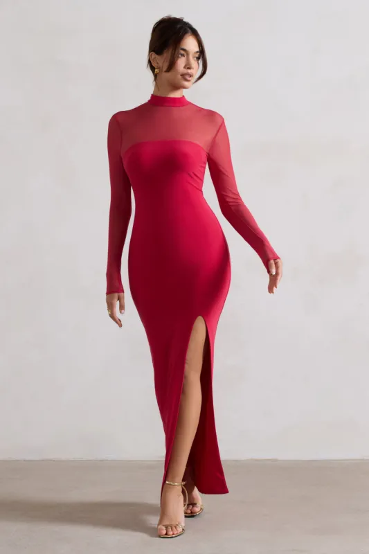 Enchantress | Red High-Neck Split Maxi Dress With Mesh Sleeves sold by Club L London
