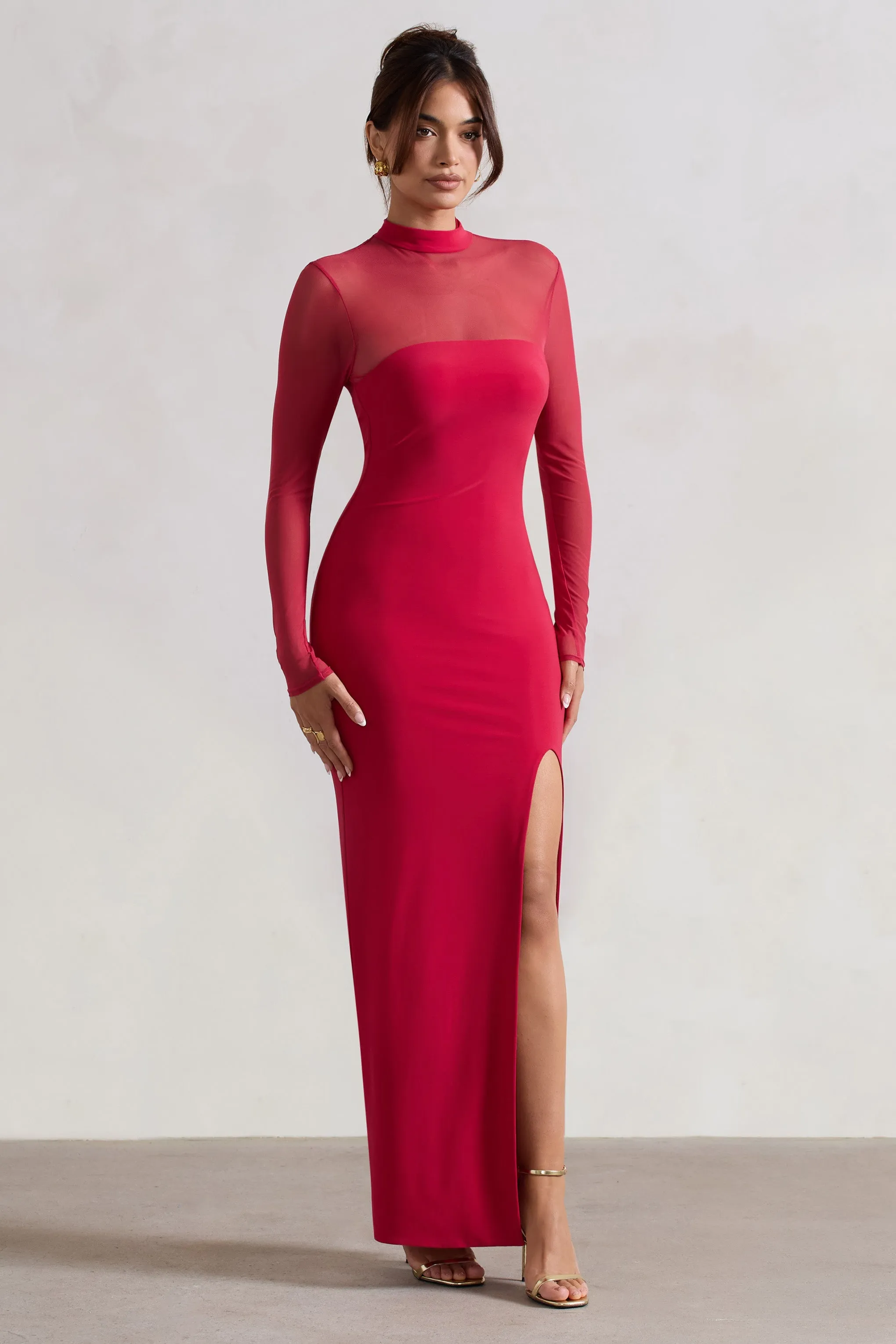Enchantress | Red High-Neck Split Maxi Dress With Mesh Sleeves sold by Club L London product image thumbnail 4