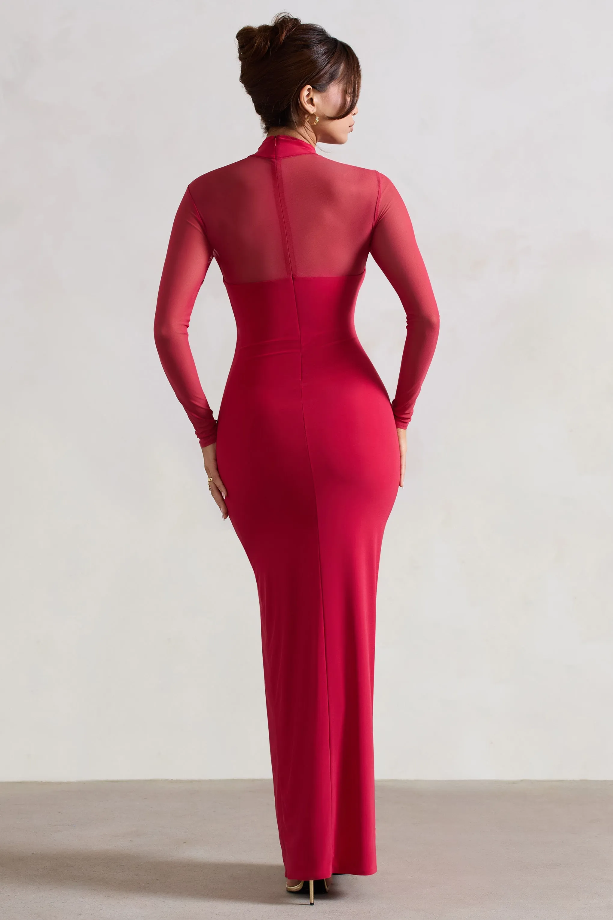 Enchantress | Red High-Neck Split Maxi Dress With Mesh Sleeves sold by Club L London product image thumbnail 2