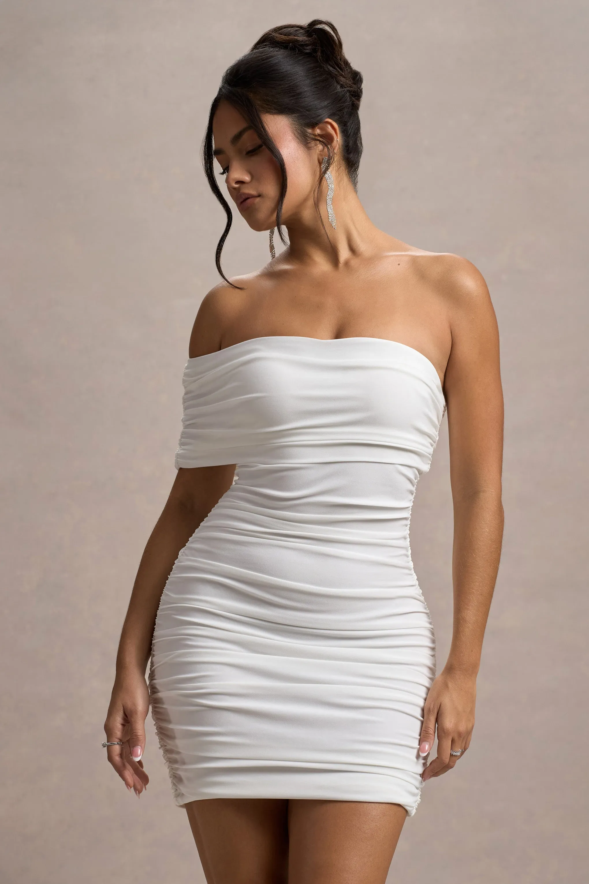 Tampa | White Ruched Asymmetric Bardot Mini Dress sold by Club L London product image thumbnail 4