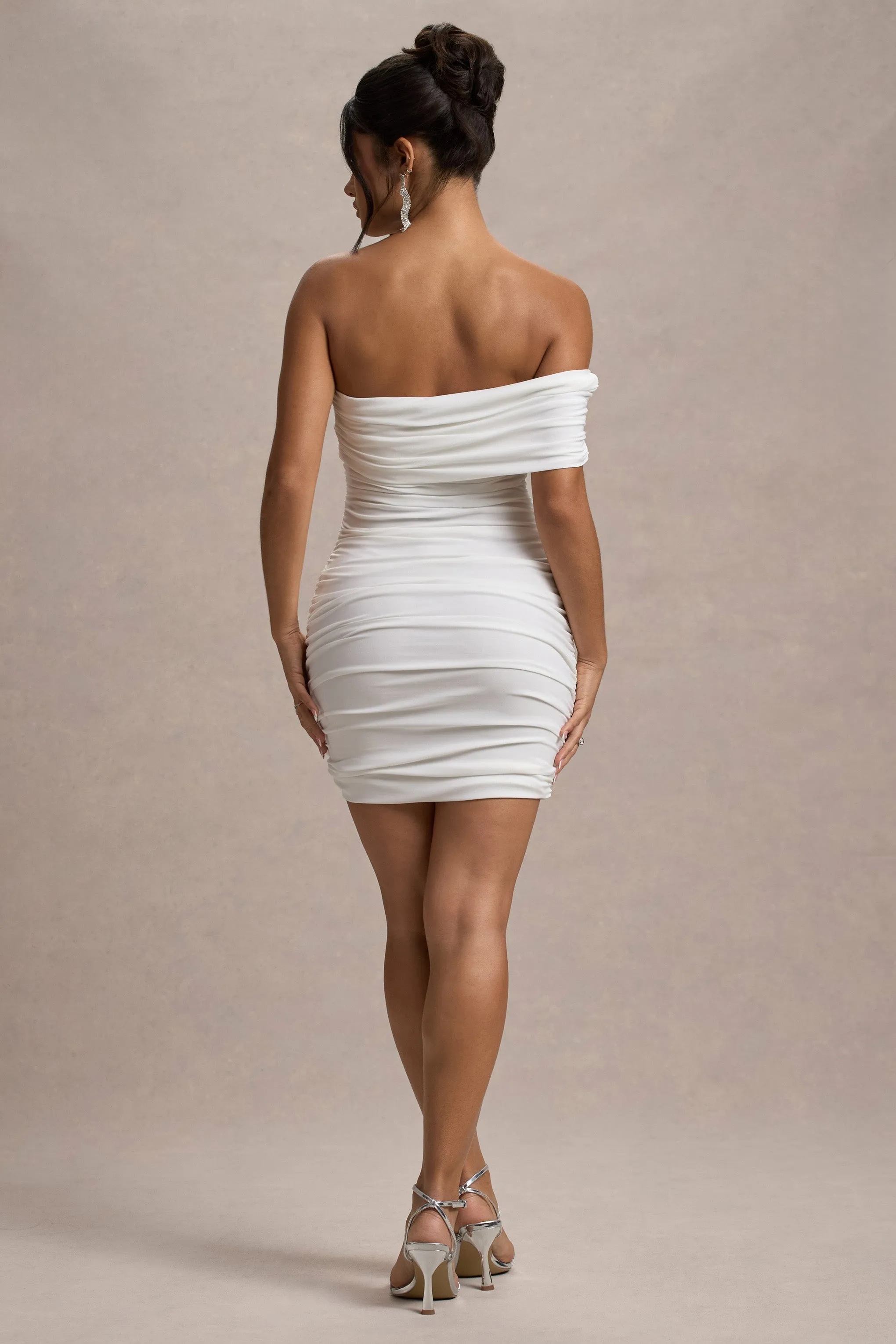 Tampa | White Ruched Asymmetric Bardot Mini Dress sold by Club L London product image thumbnail 2