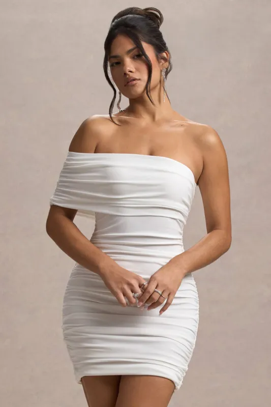 Tampa | White Ruched Asymmetric Bardot Mini Dress sold by Club L London