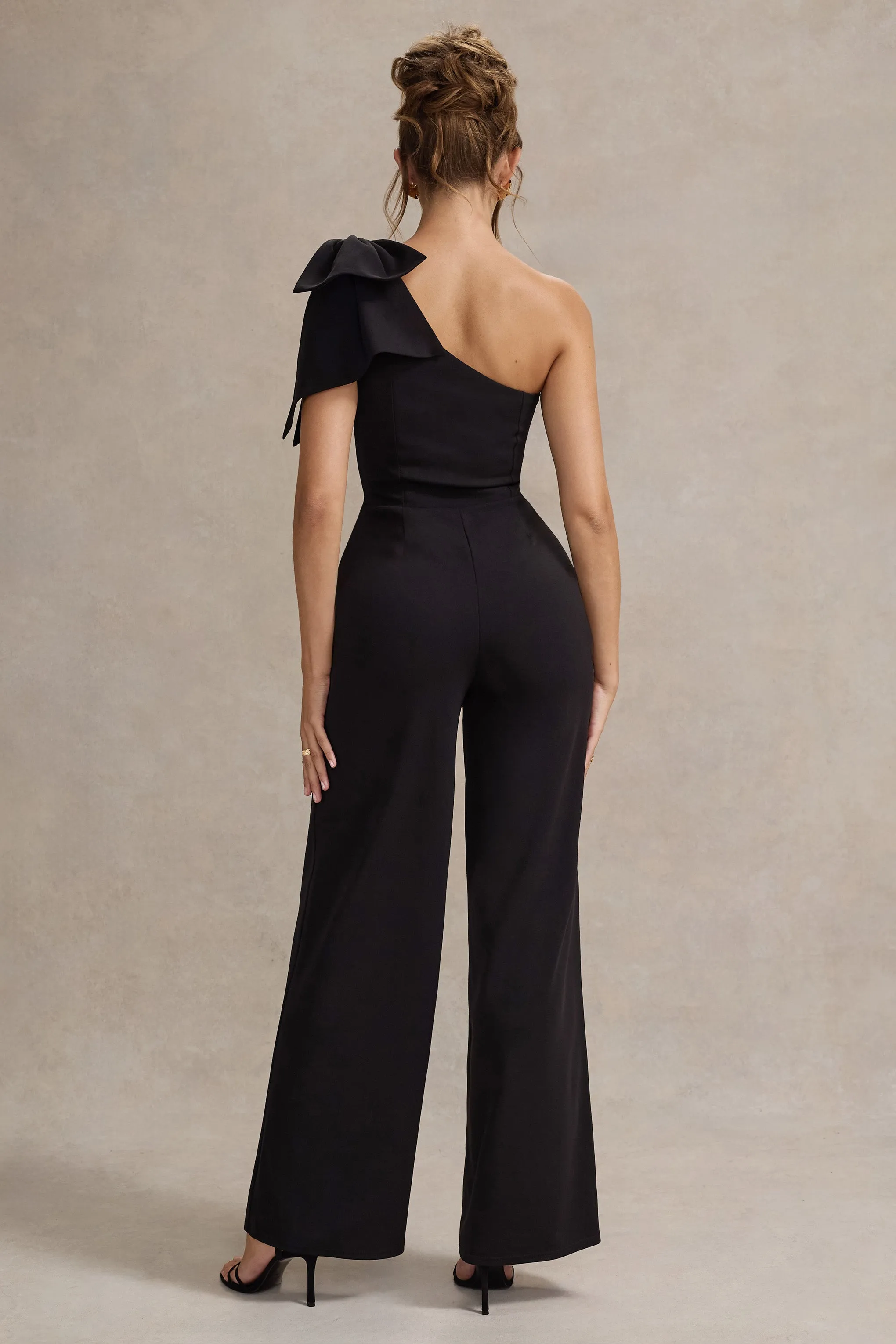Orilla | Black One-Shoulder Wide-Leg Jumpsuit With Bow sold by Club L London product image thumbnail 2