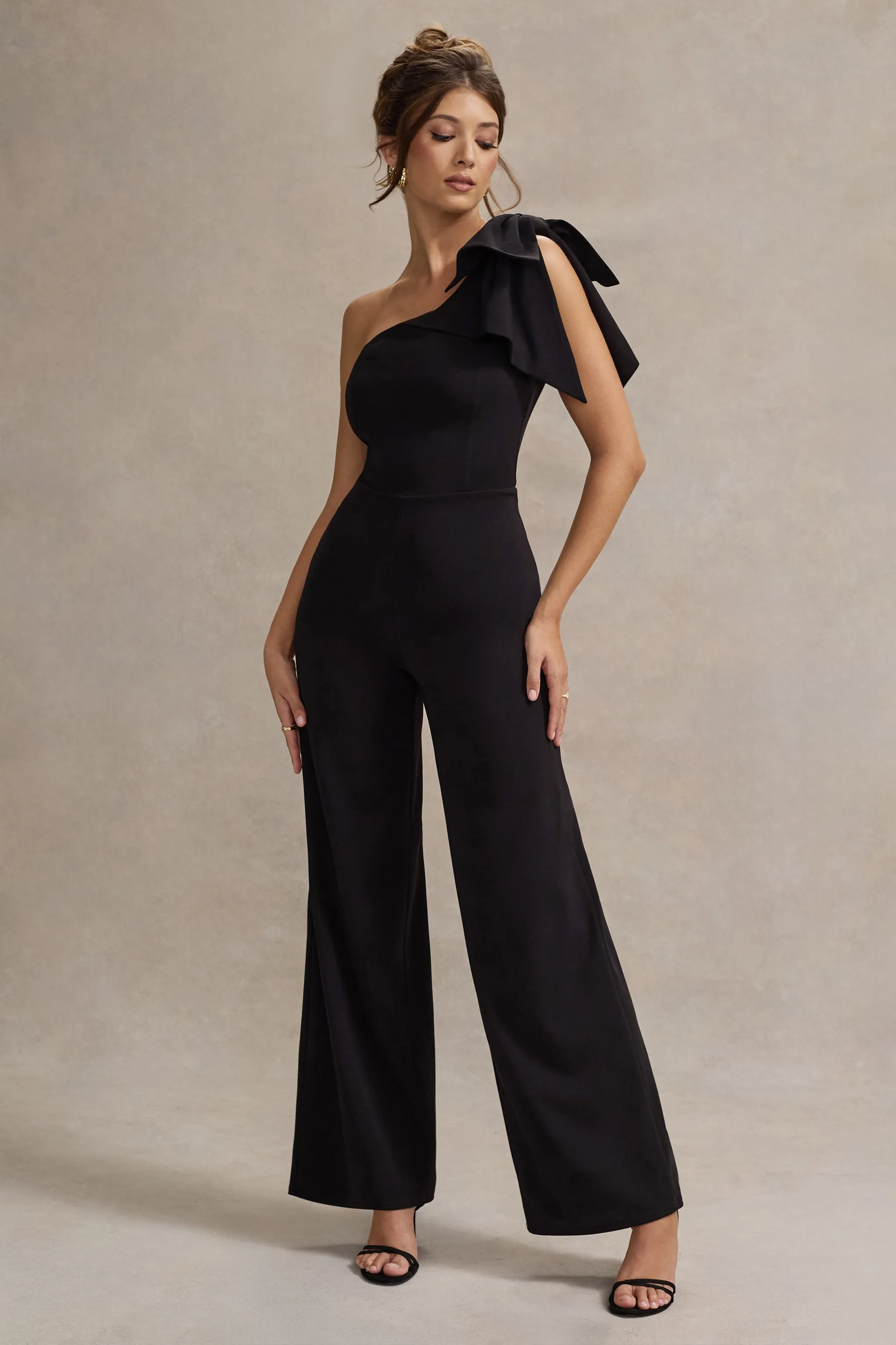 Orilla | Black One-Shoulder Wide-Leg Jumpsuit With Bow sold by Club L London