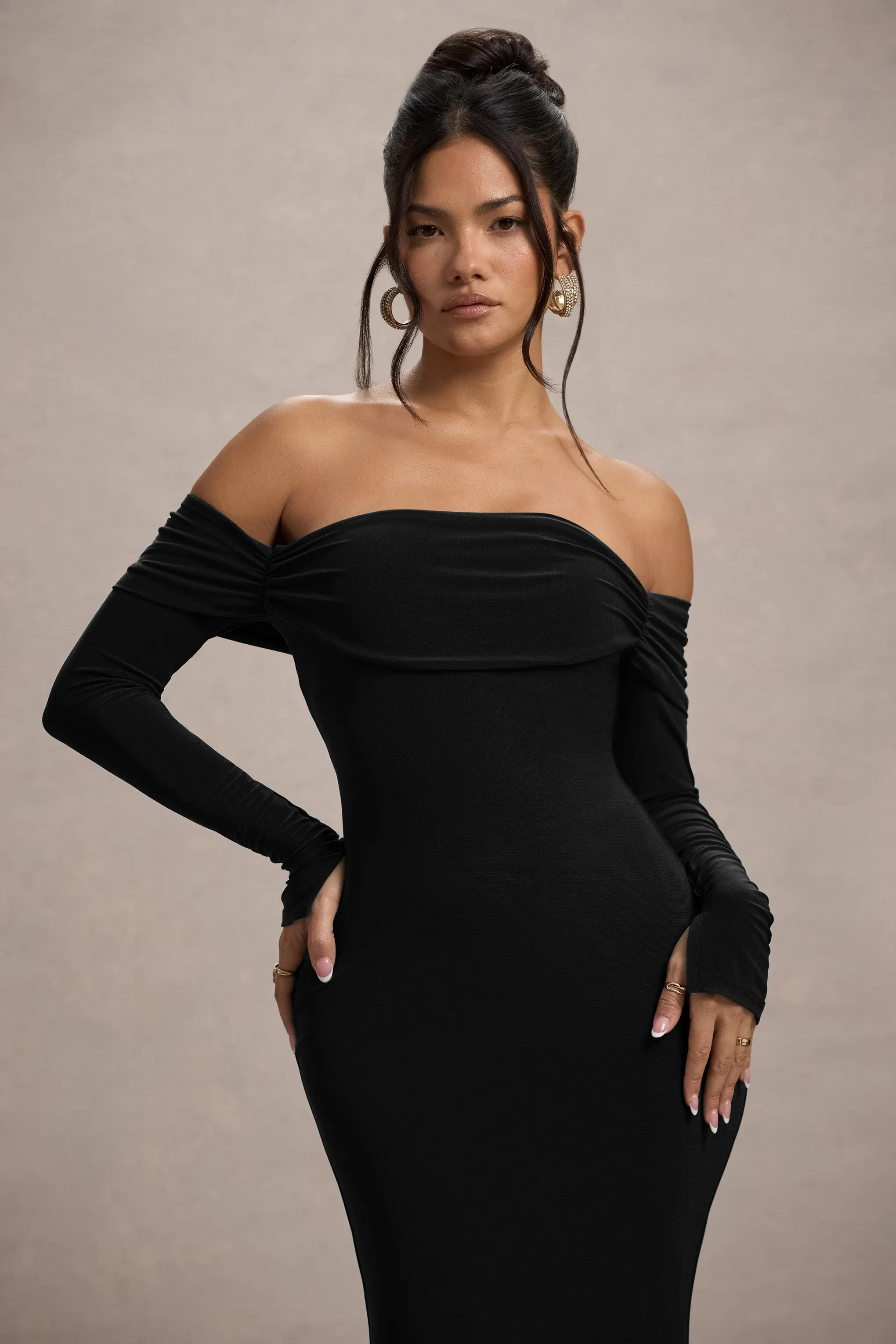 Amaia | Black Bardot Long-Sleeve Maxi Dress sold by Club L London product image thumbnail 3