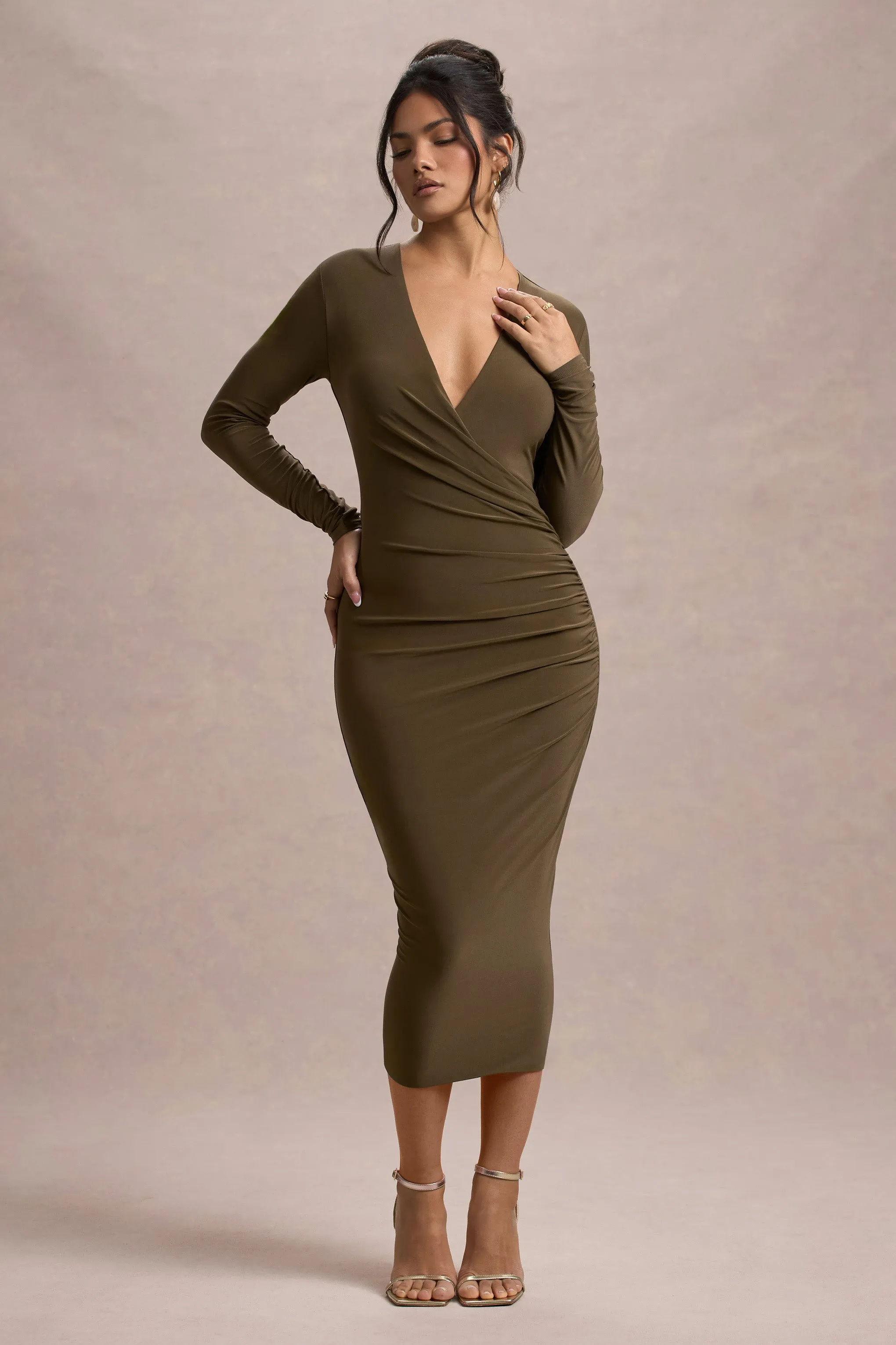 Marcia | Khaki Bodycon Plunge-Neck Midi Dress sold by Club L London product image thumbnail 5