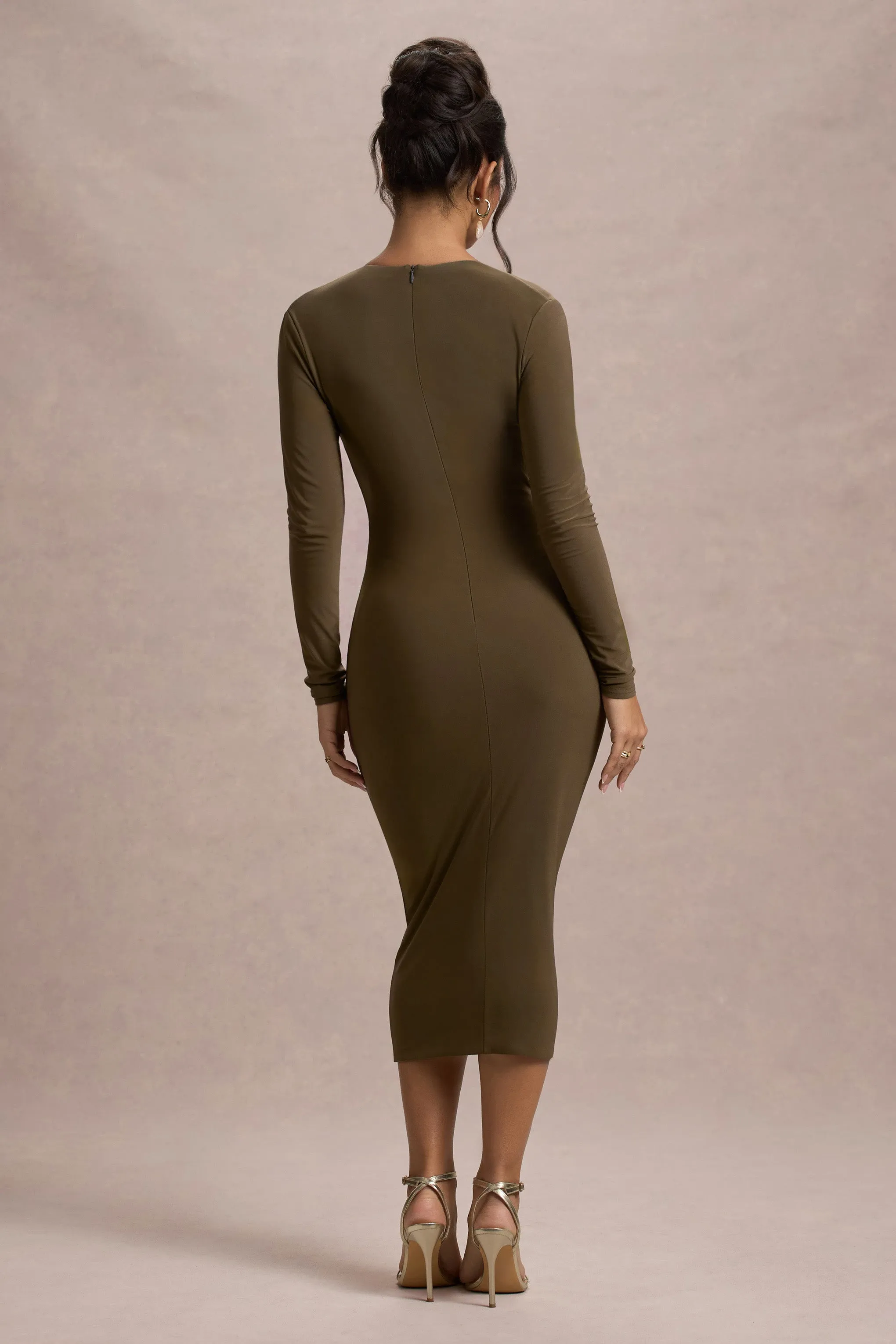 Marcia | Khaki Bodycon Plunge-Neck Midi Dress sold by Club L London product image thumbnail 2