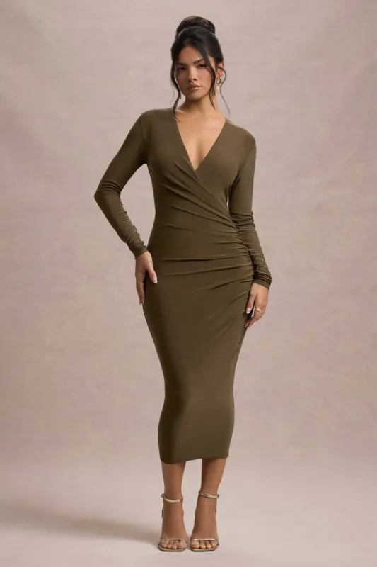 Marcia | Khaki Bodycon Plunge-Neck Midi Dress made by Club L London