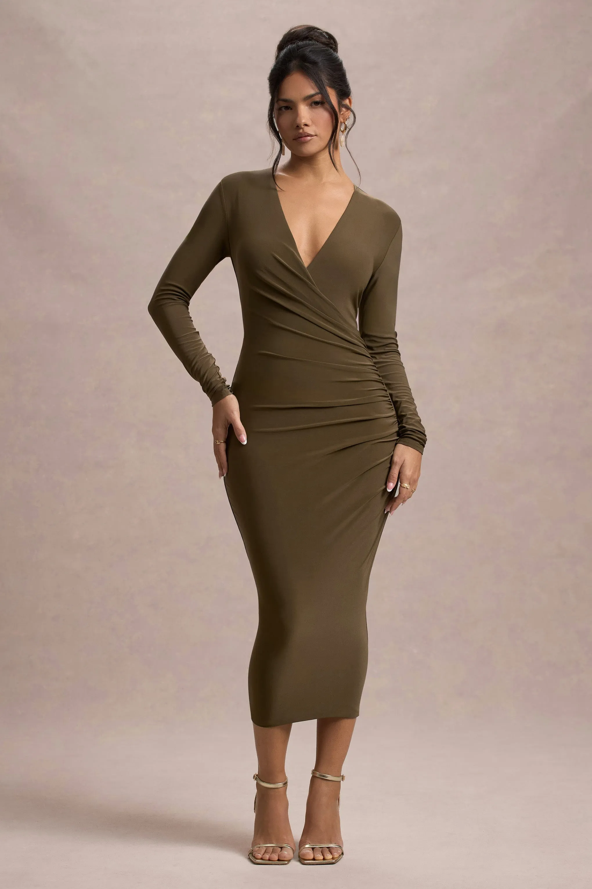 Marcia | Khaki Bodycon Plunge-Neck Midi Dress sold by Club L London