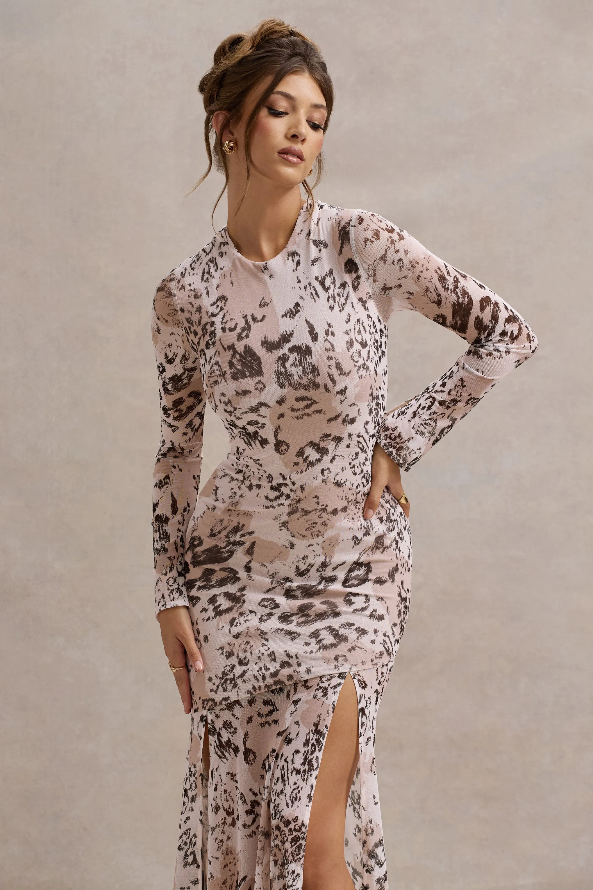 Tigerlily | Leopard Print Mesh Long-Sleeve Open-Back Maxi Dress sold by Club L London product image thumbnail 3