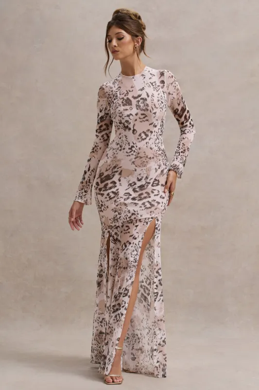 Tigerlily | Leopard Print Mesh Long-Sleeve Open-Back Maxi Dress sold by Club L London