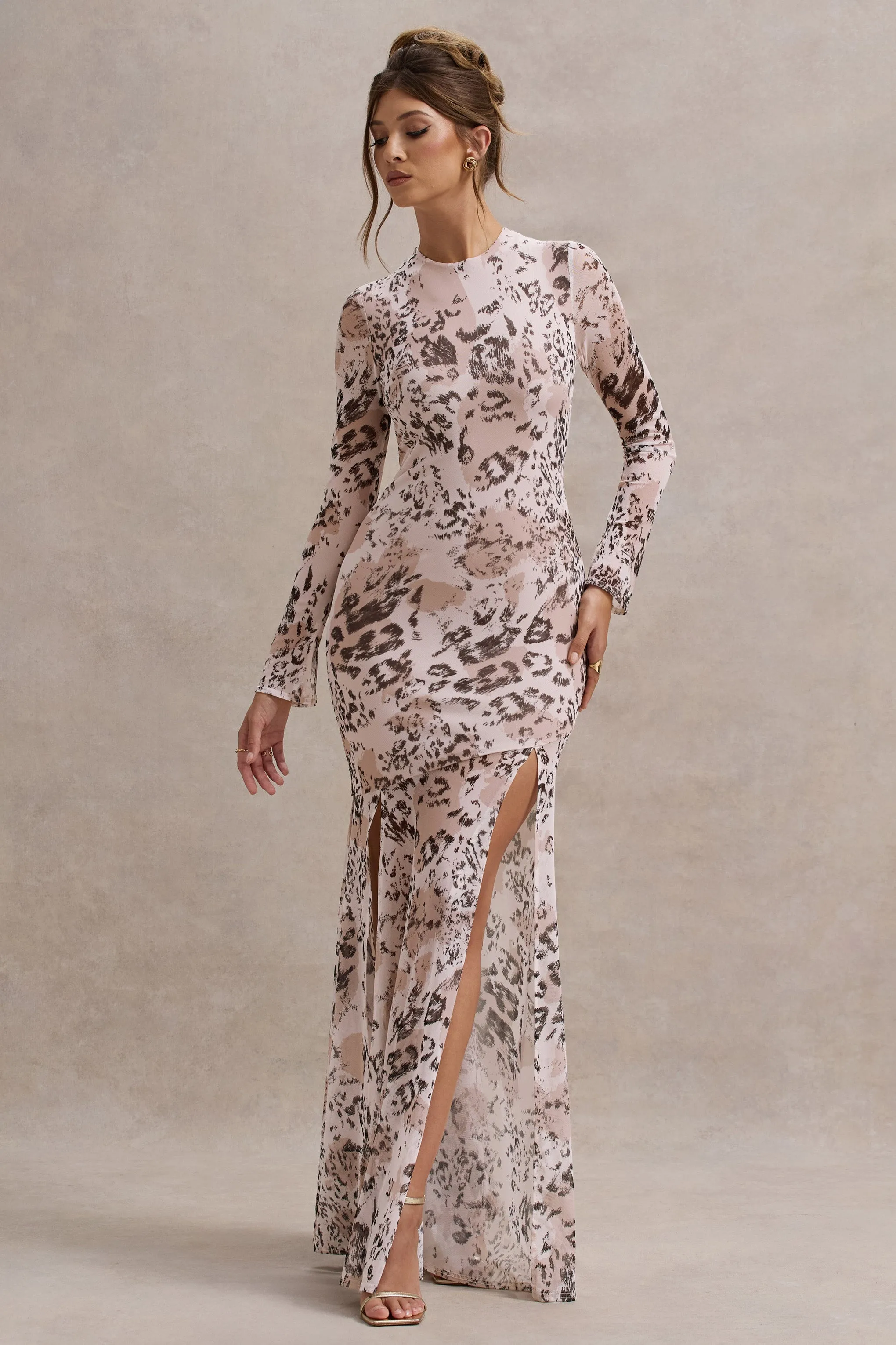 Tigerlily | Leopard Print Mesh Long-Sleeve Open-Back Maxi Dress sold by Club L London