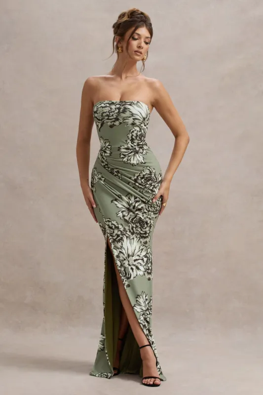 Buena | Olive Floral Print Strapless Gathered Maxi Dress With Split sold by Club L London