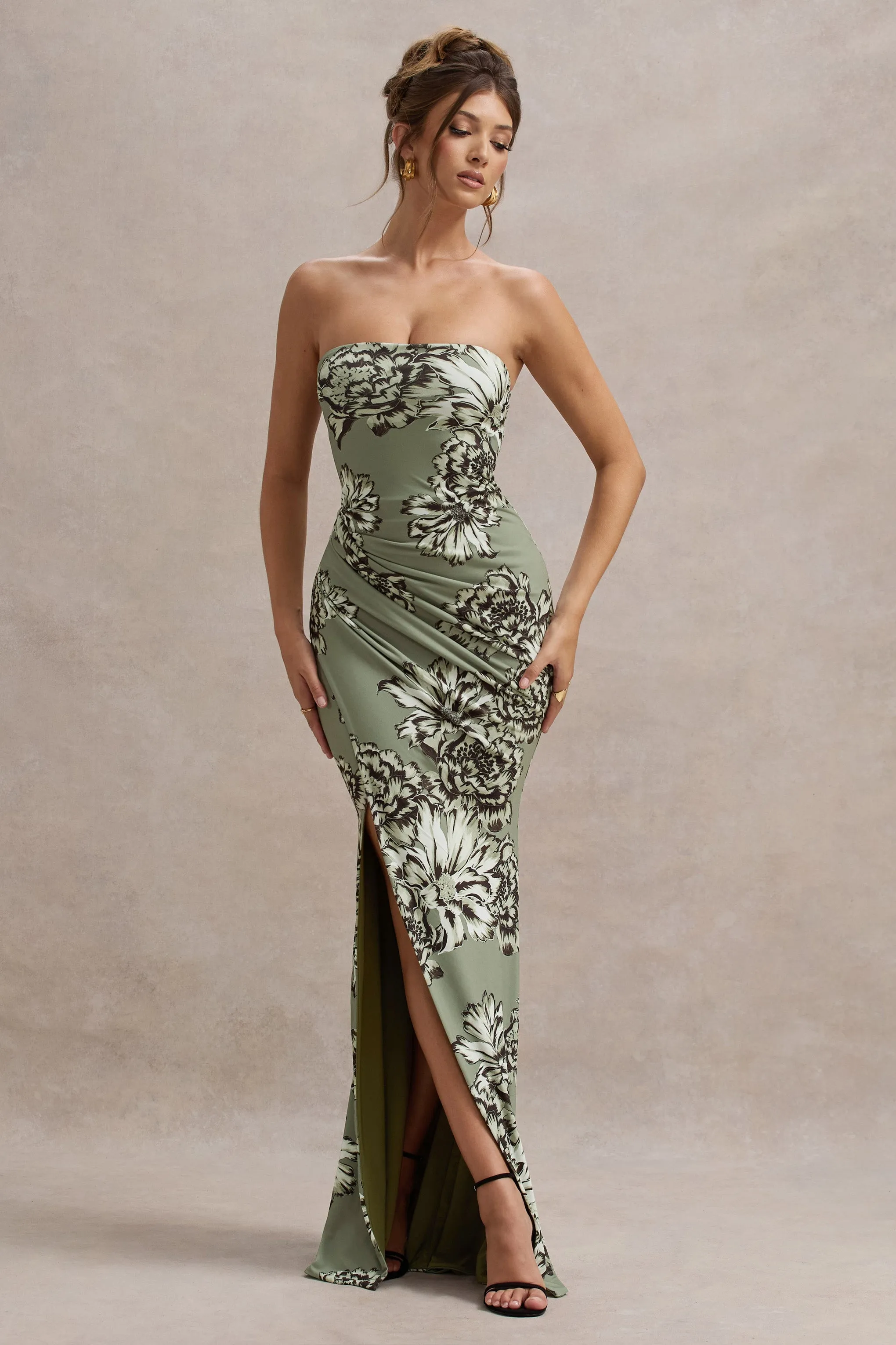 Buena | Olive Floral Print Strapless Gathered Maxi Dress With Split sold by Club L London