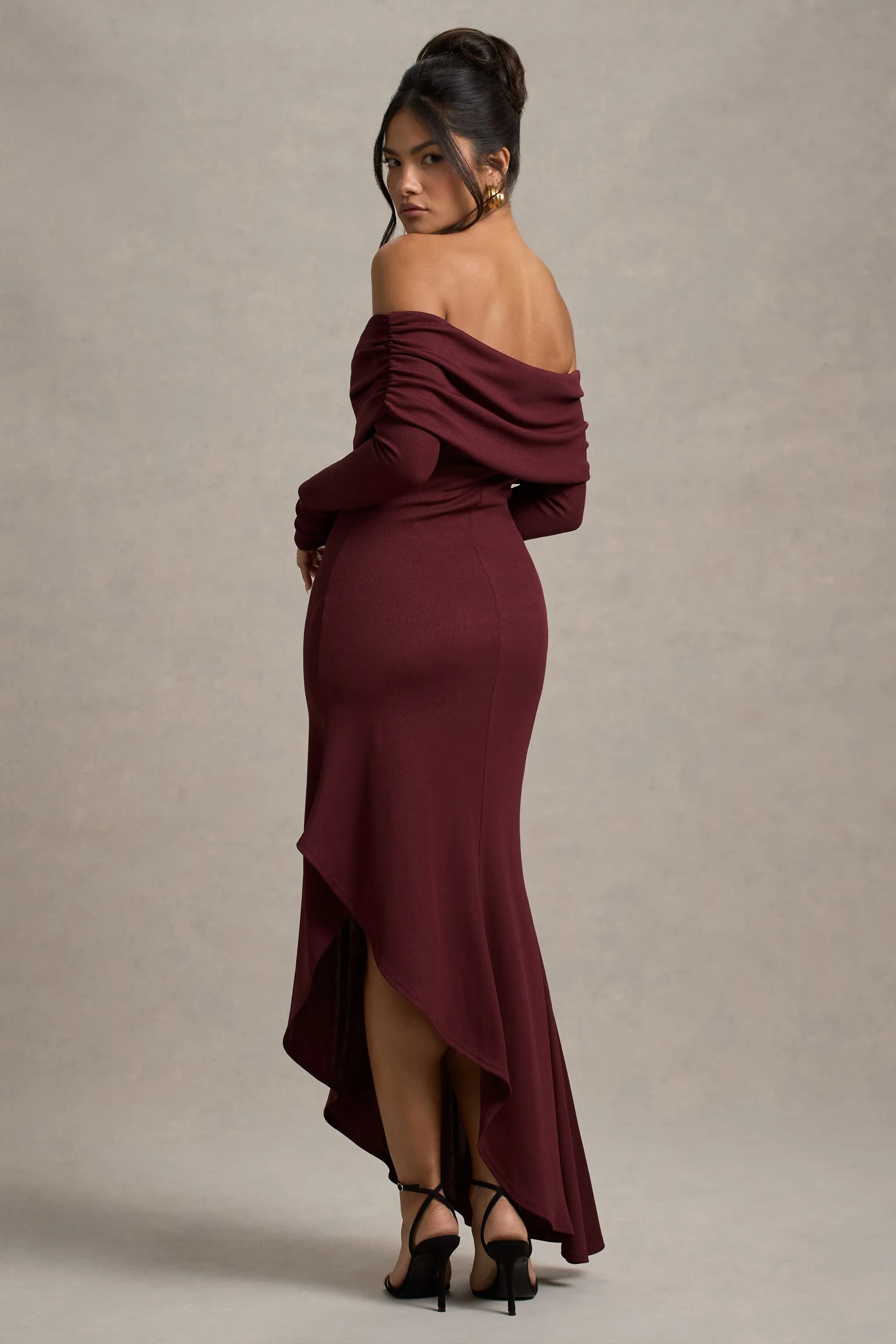 Romina | Port Rib Knit Bardot Maxi Dress With Asymmetric Hem sold by Club L London product image thumbnail 2