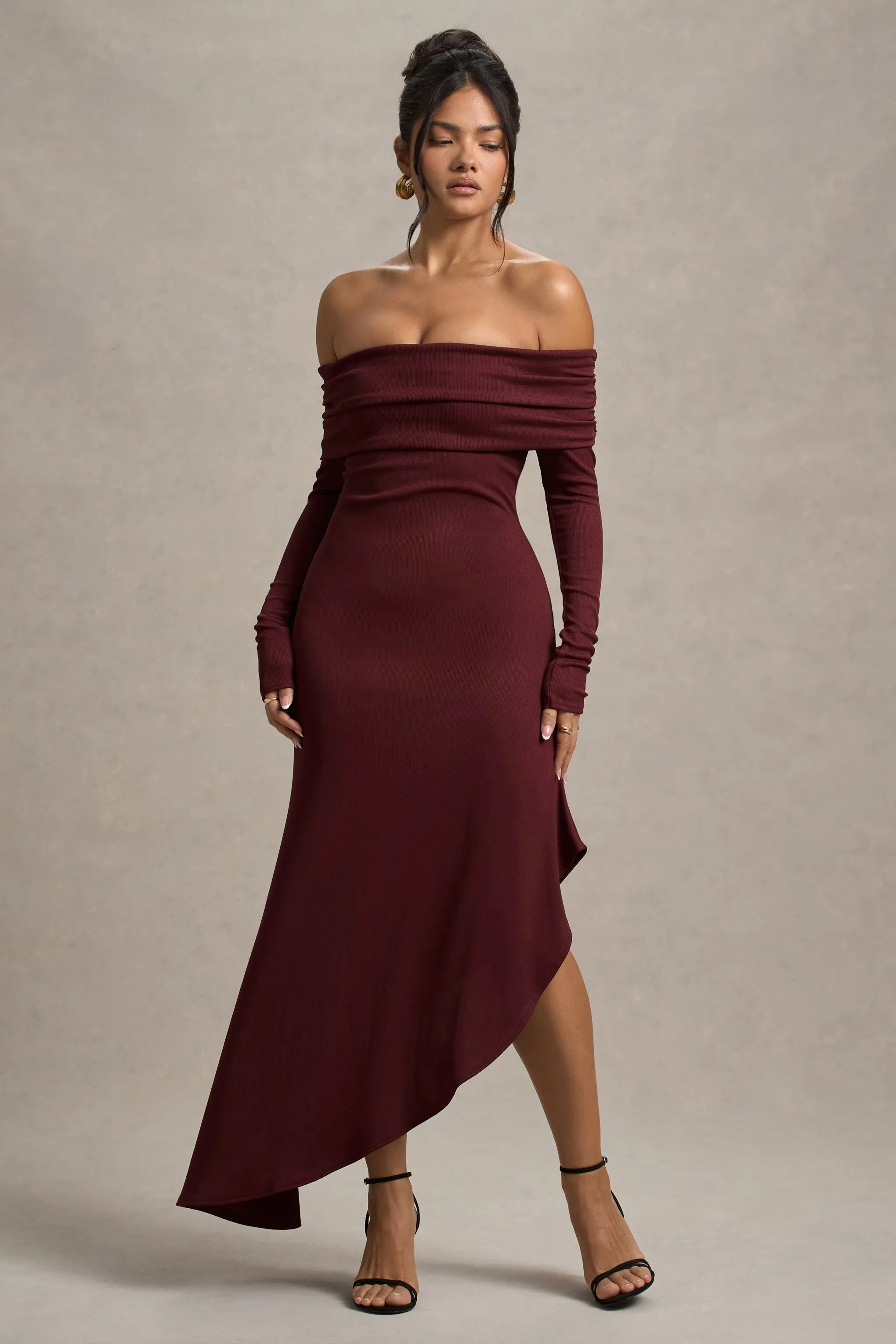 Romina | Port Rib Knit Bardot Maxi Dress With Asymmetric Hem sold by Club L London product image thumbnail 5