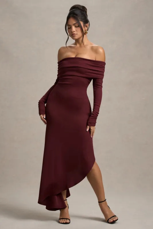Romina | Port Rib Knit Bardot Maxi Dress With Asymmetric Hem sold by Club L London