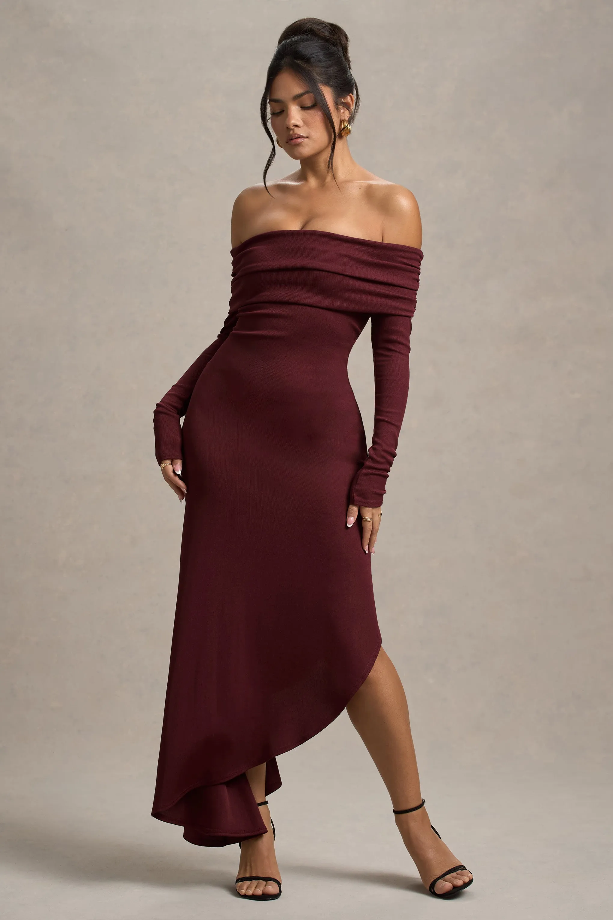 Romina | Port Rib Knit Bardot Maxi Dress With Asymmetric Hem sold by Club L London
