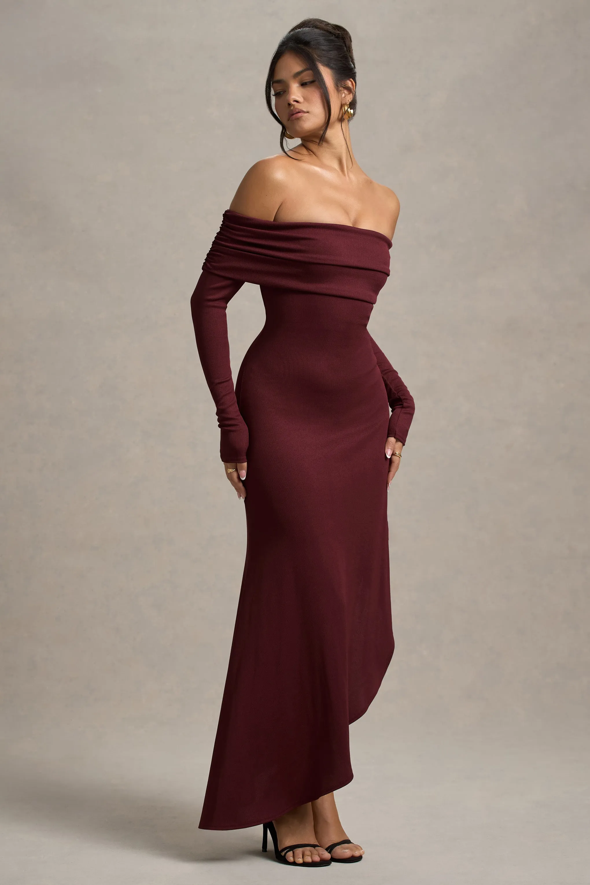 Romina | Port Rib Knit Bardot Maxi Dress With Asymmetric Hem sold by Club L London product image thumbnail 4
