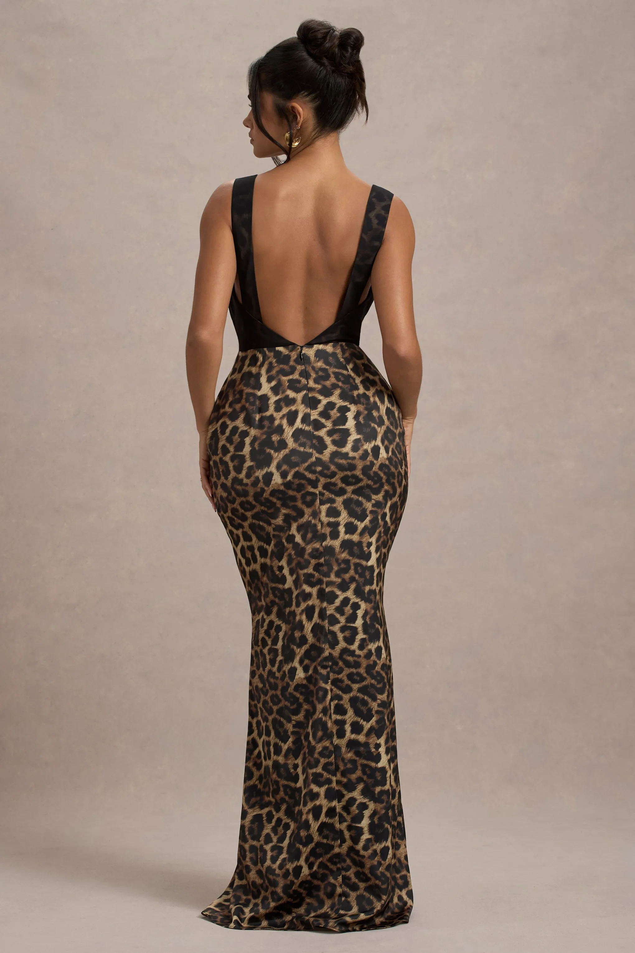 Sahara | Leopard Print Satin V-Neck Maxi Dress With Black Lace Trim sold by Club L London product image thumbnail 2