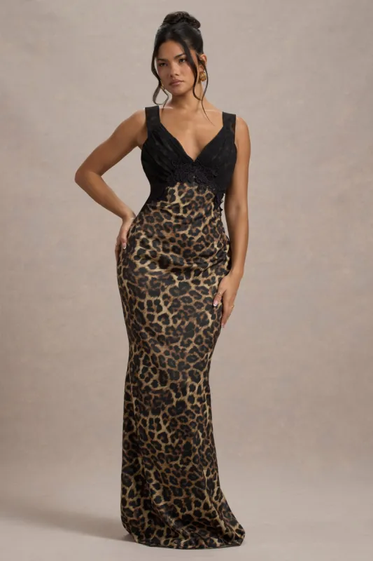Sahara | Leopard Print Satin V-Neck Maxi Dress With Black Lace Trim sold by Club L London