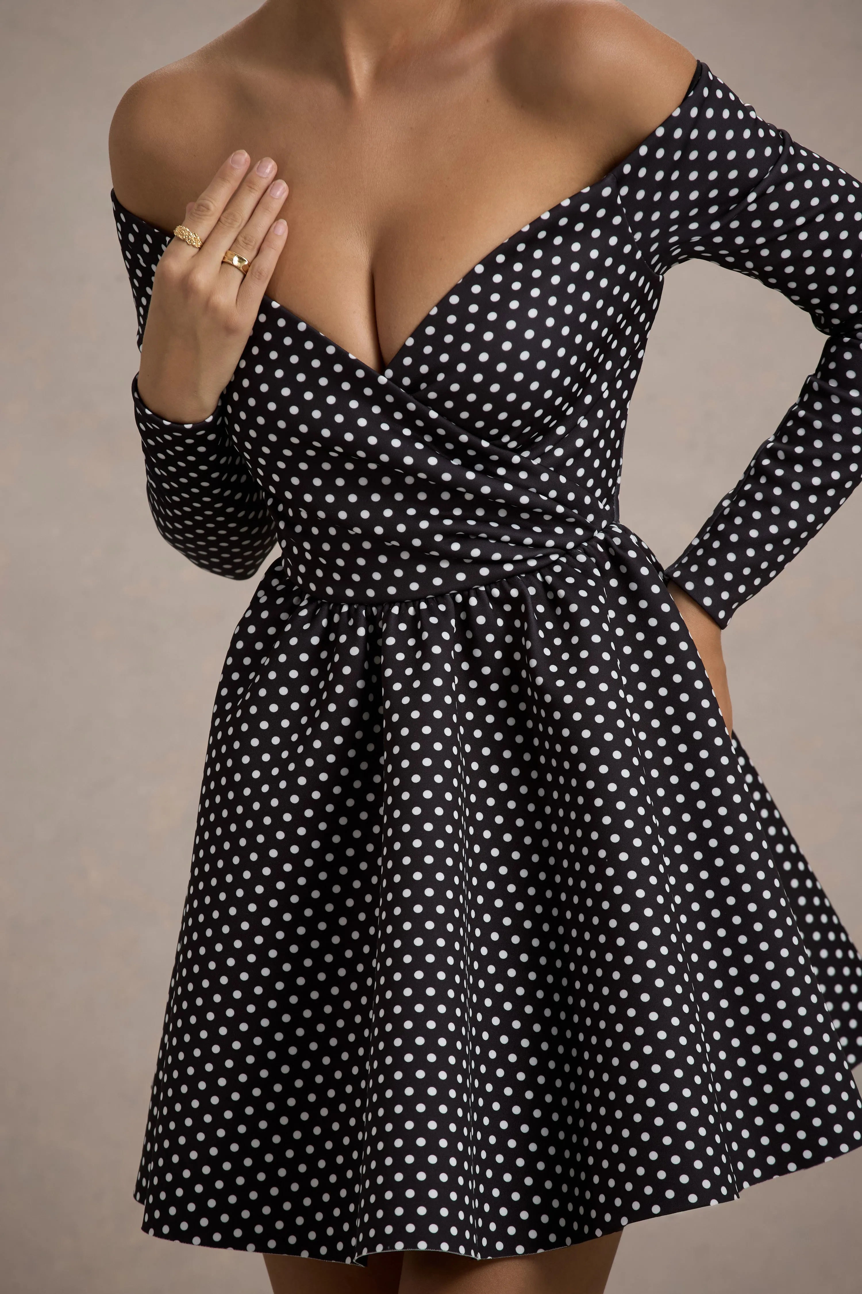 Riva | Black Polka Dot Bardot Long-Sleeve Mini Dress sold by Club L London product image thumbnail 4
