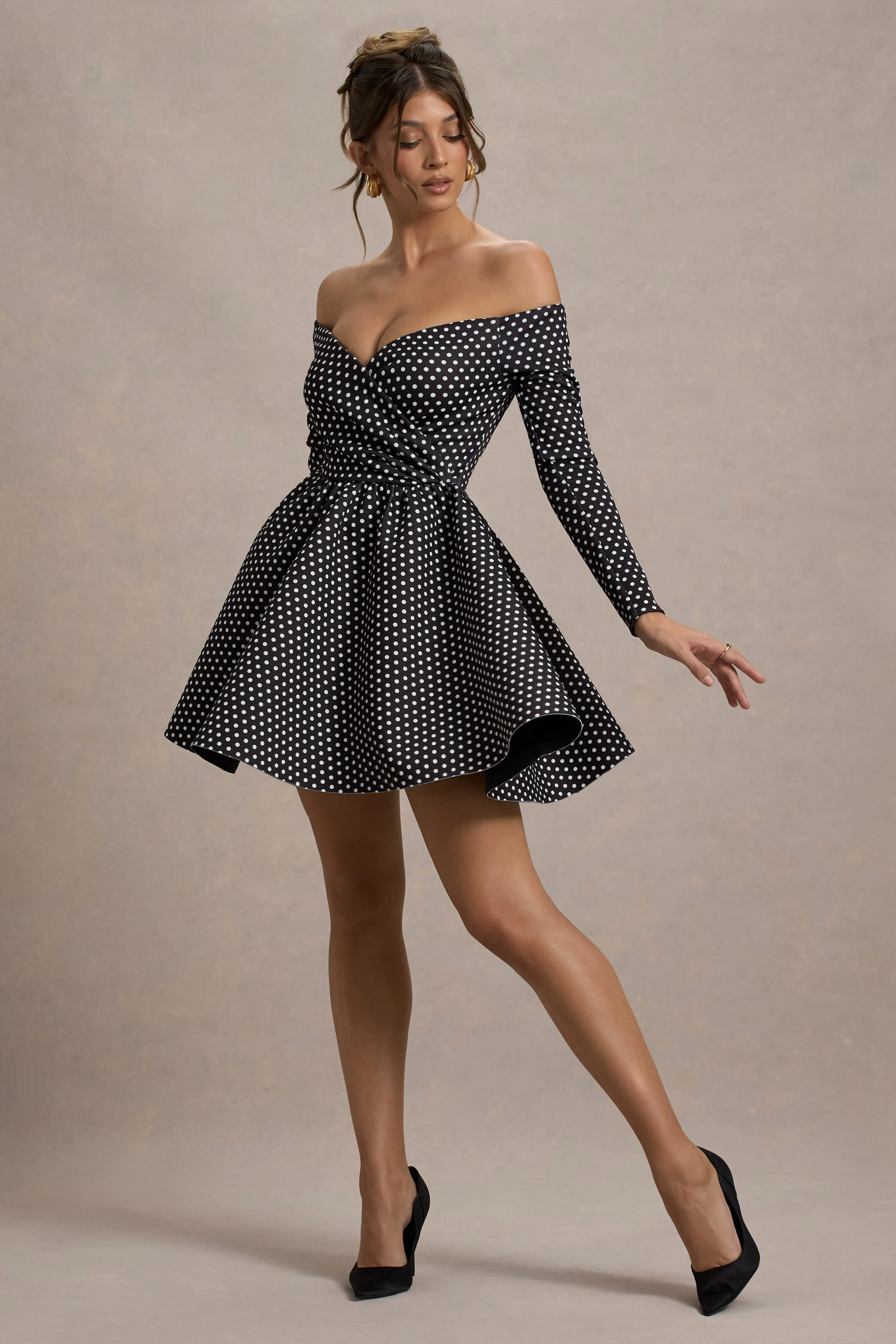 Riva | Black Polka Dot Bardot Long-Sleeve Mini Dress sold by Club L London product image thumbnail 5