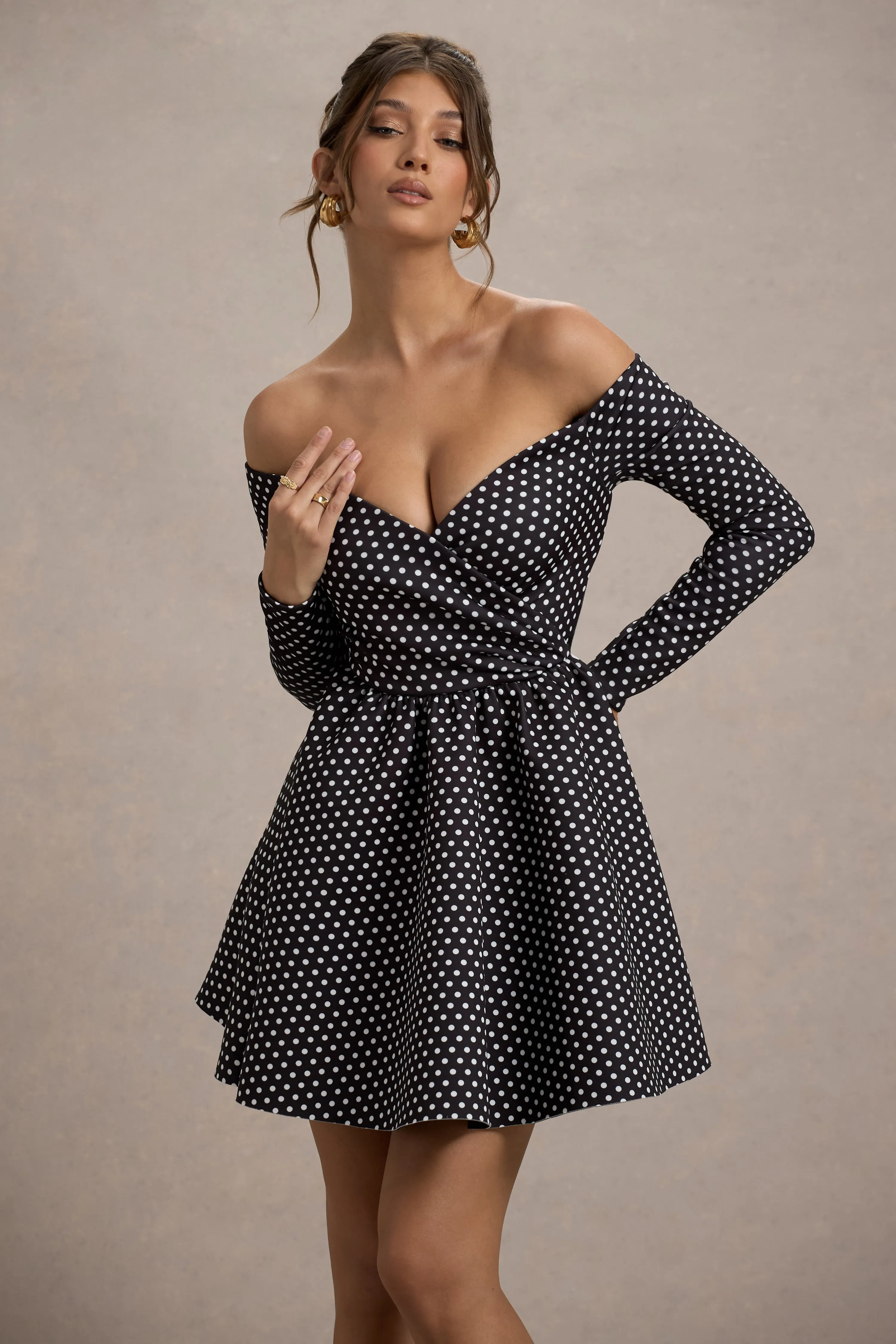 Riva | Black Polka Dot Bardot Long-Sleeve Mini Dress sold by Club L London product image thumbnail 3