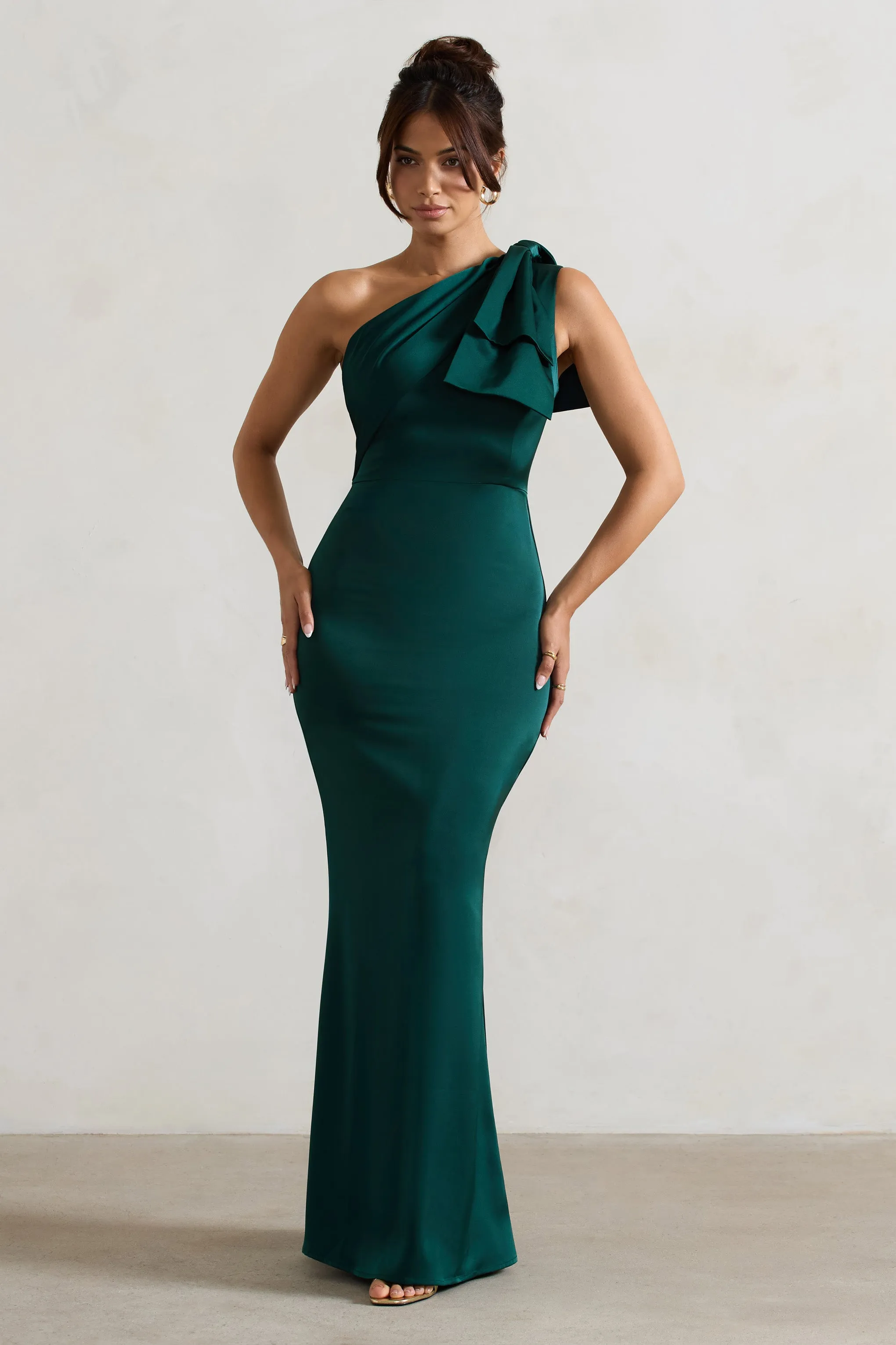 Lady | Bottle Green Satin One Shoulder Maxi Dress With Bow sold by Club L London product image thumbnail 4
