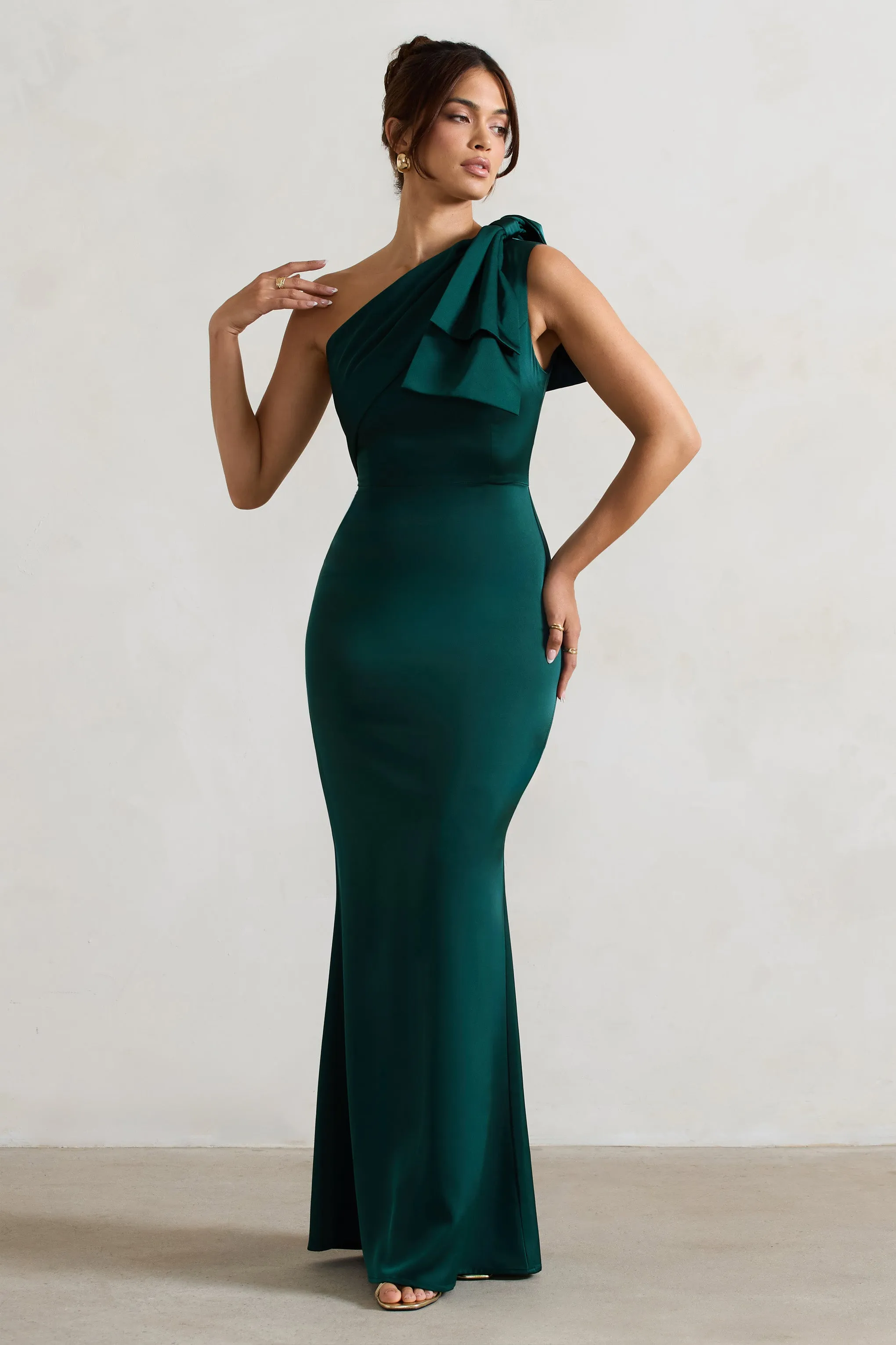 Lady | Bottle Green Satin One Shoulder Maxi Dress With Bow sold by Club L London