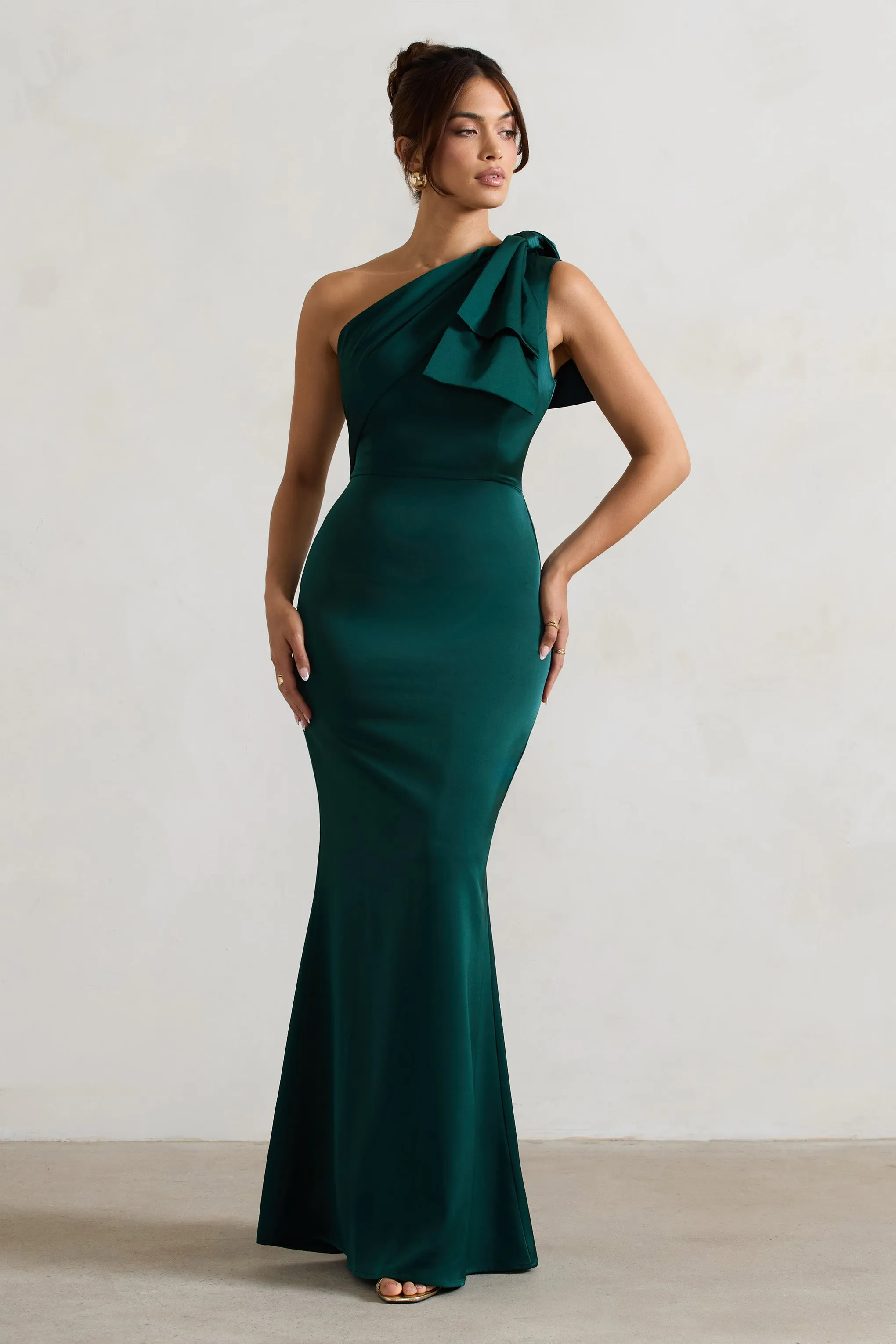 Lady | Bottle Green Satin One Shoulder Maxi Dress With Bow sold by Club L London product image thumbnail 5