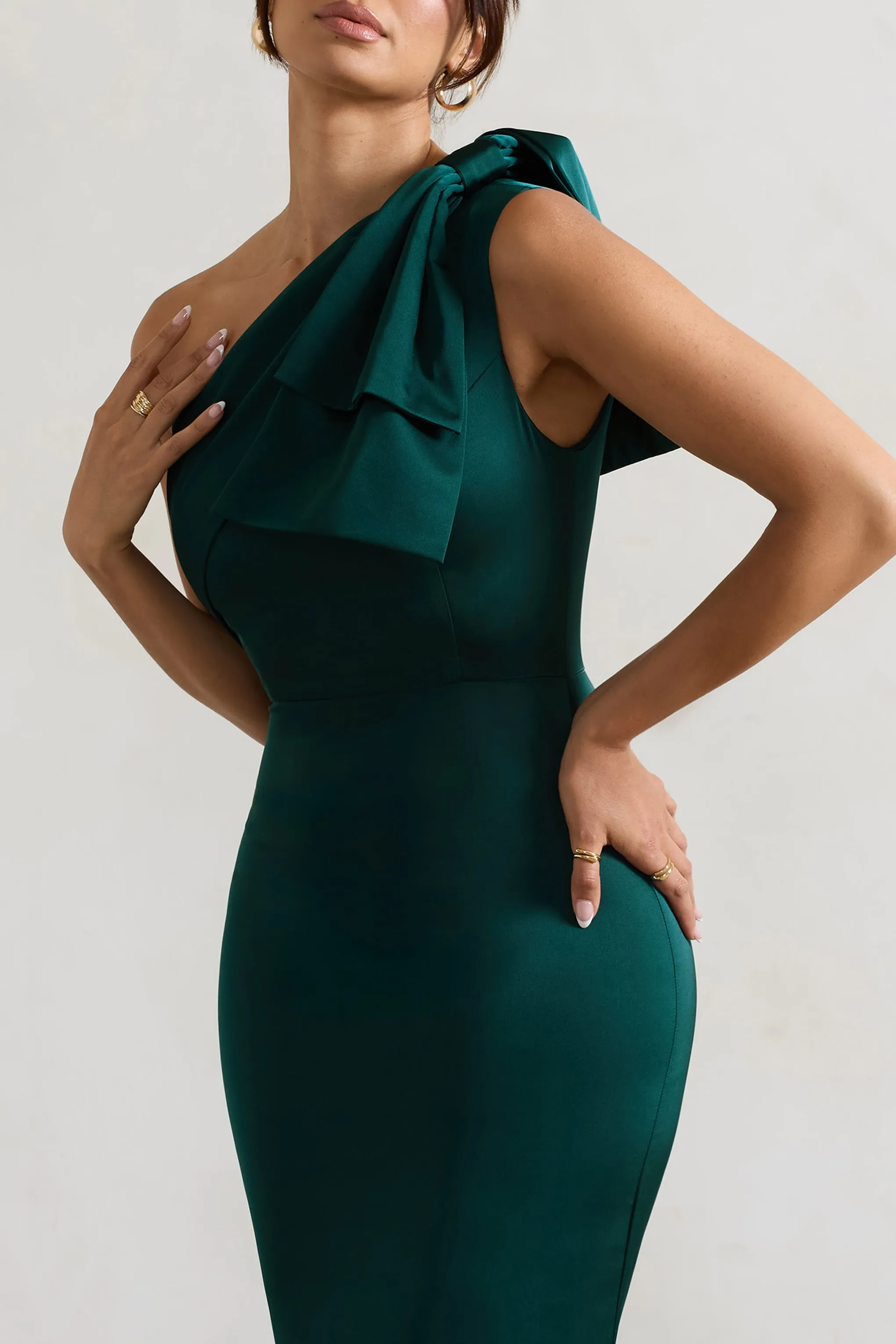 Lady | Bottle Green Satin One Shoulder Maxi Dress With Bow sold by Club L London product image thumbnail 3