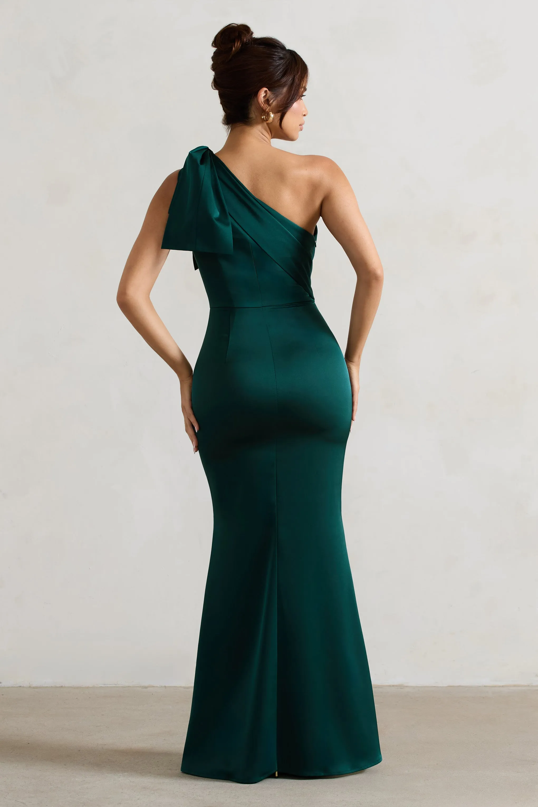 Lady | Bottle Green Satin One Shoulder Maxi Dress With Bow sold by Club L London product image thumbnail 2