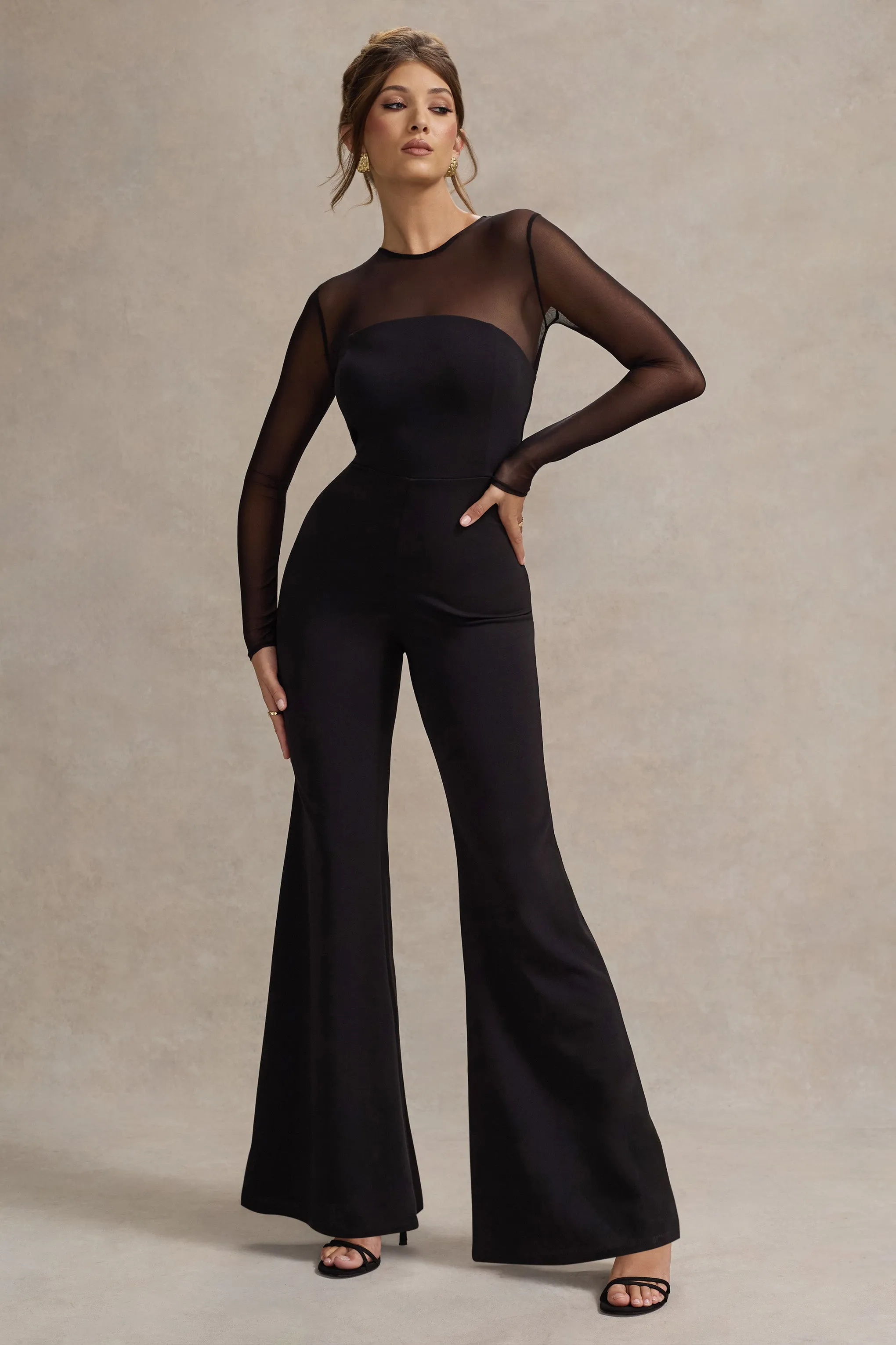 Iggy | Black Flared-Leg Jumpsuit With Mesh Sleeves sold by Club L London product image thumbnail 5
