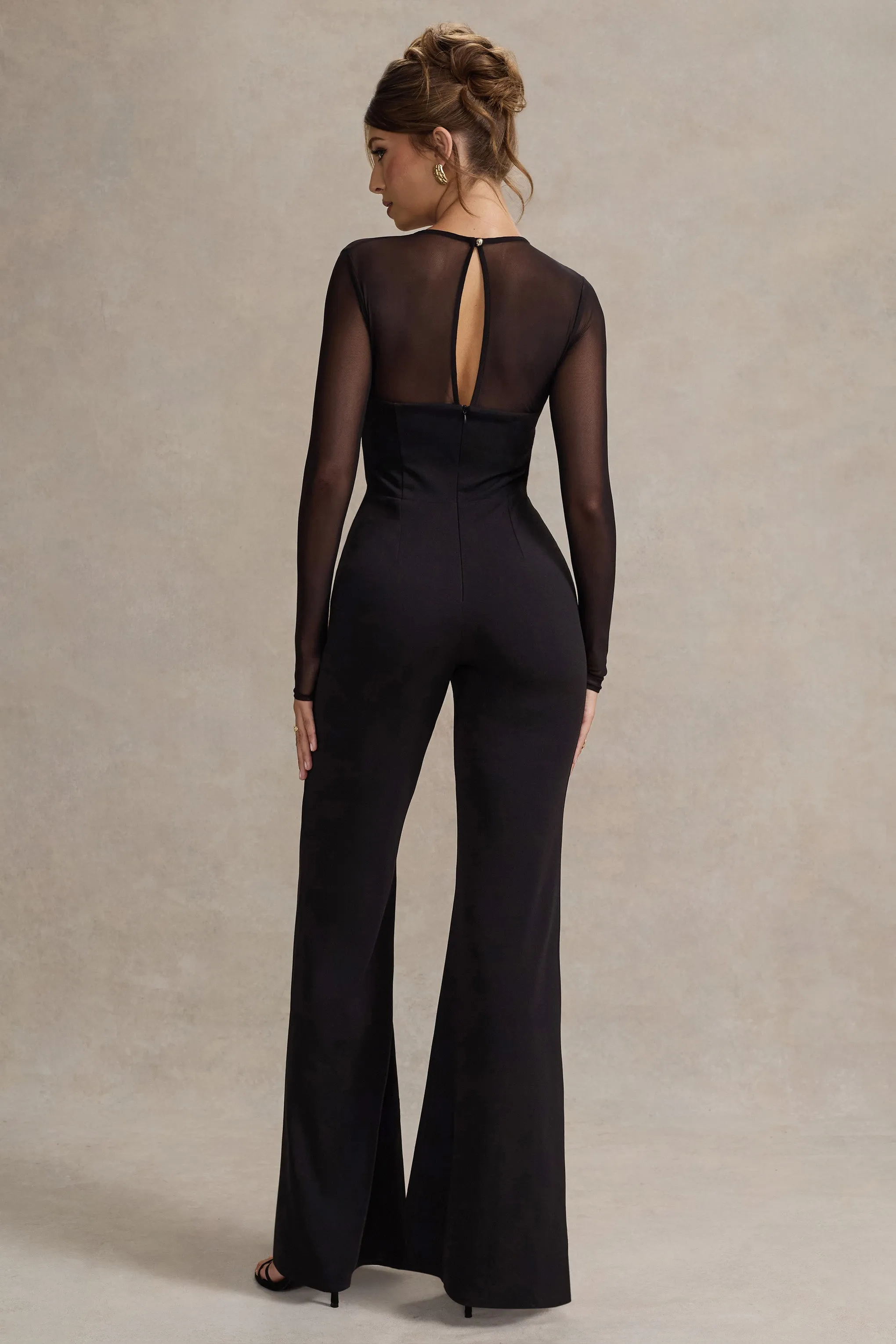 Iggy | Black Flared-Leg Jumpsuit With Mesh Sleeves sold by Club L London product image thumbnail 2