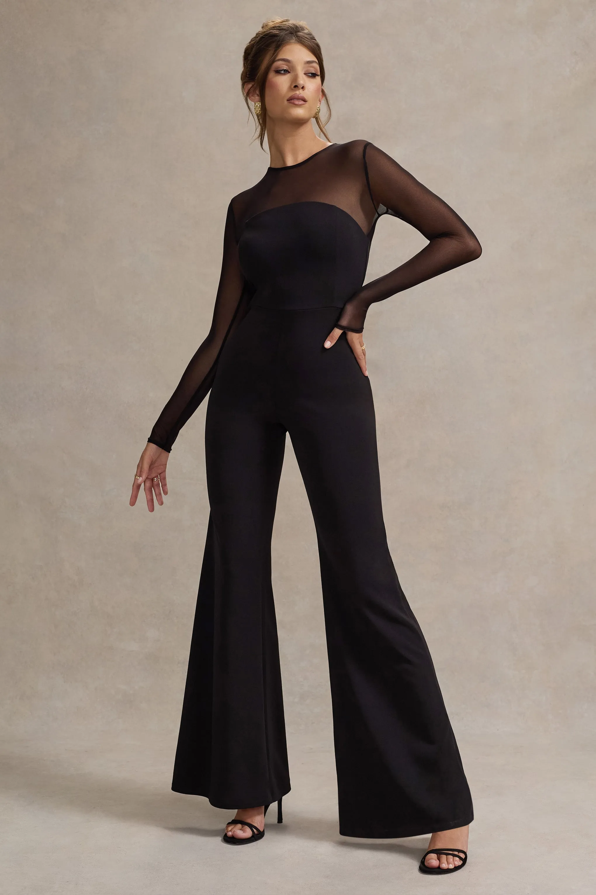 Iggy | Black Flared-Leg Jumpsuit With Mesh Sleeves sold by Club L London product image thumbnail 4