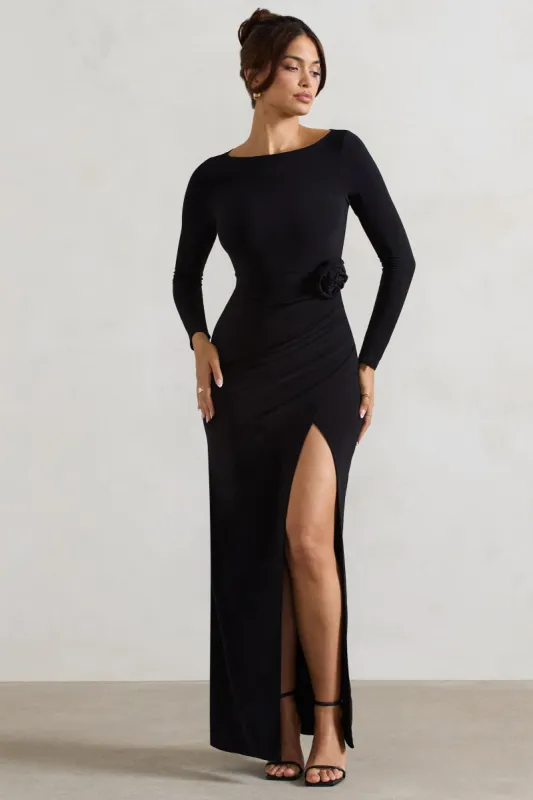 Makayla | Black Long-Sleeve Wrap Maxi Dress With Corsages sold by Club L London