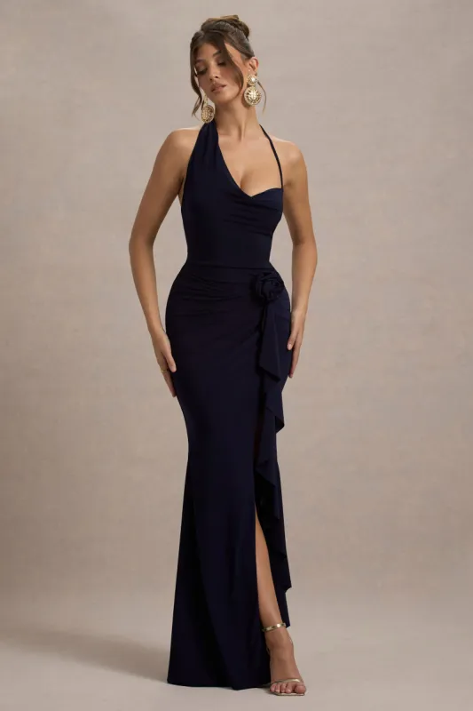 Lucena | Navy Cowl-Neck Wrap Maxi Dress With Floral Drape sold by Club L London